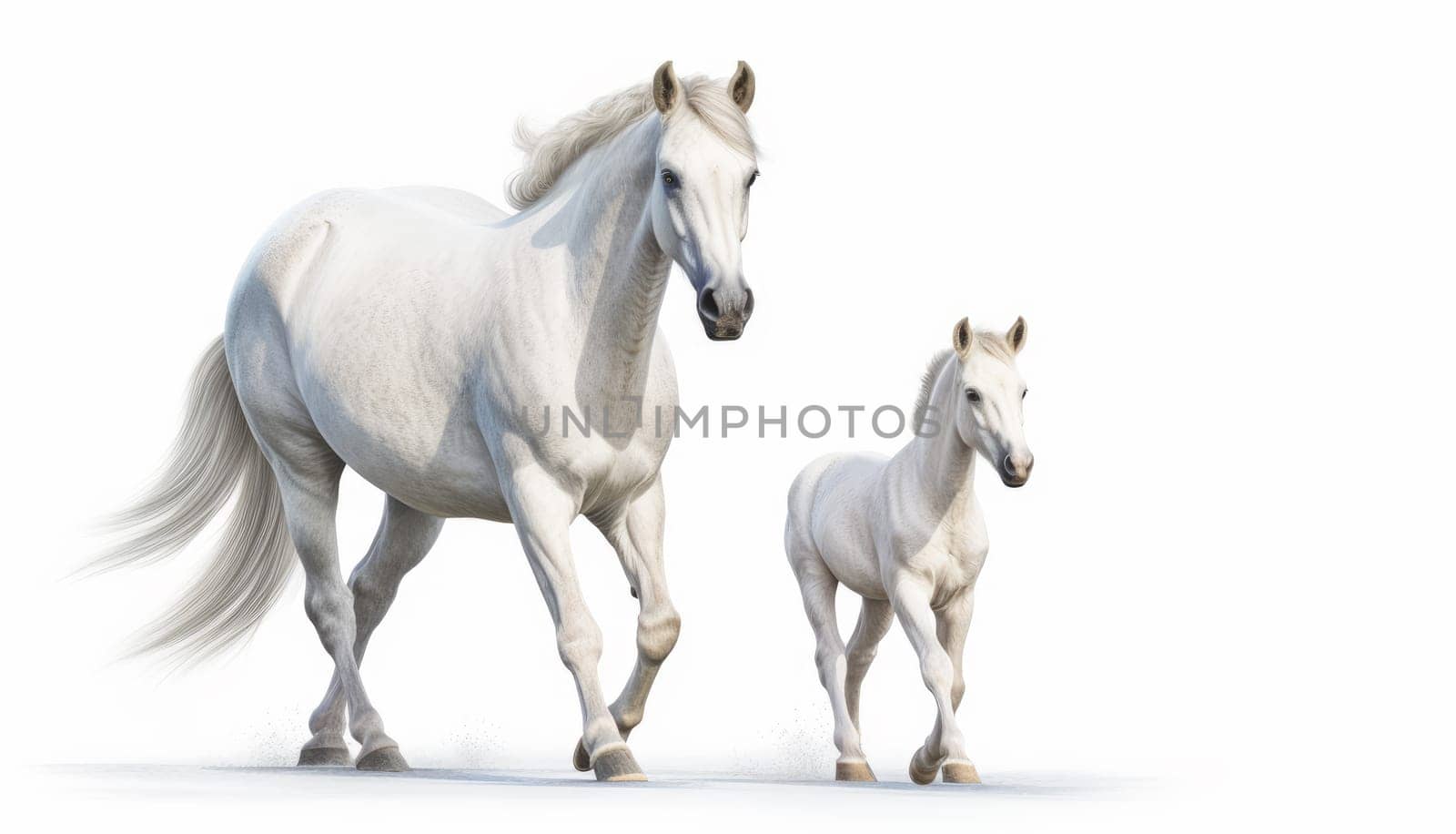 Beautiful horse with her foal isolated on white background. Artificial art.