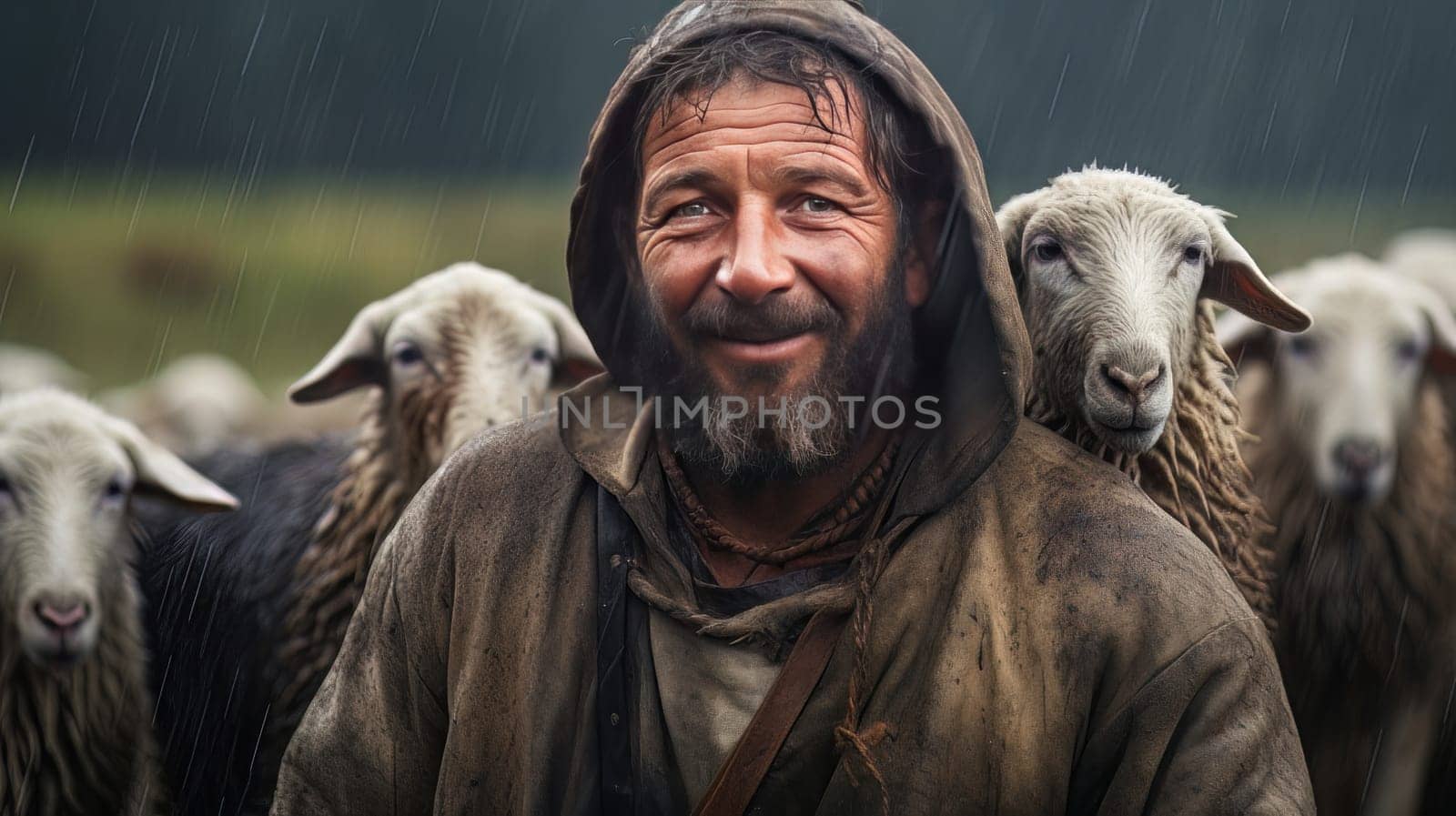 Attractive male shepard with his flock of sheeps xposed to the cold and the rain - generated artificial art