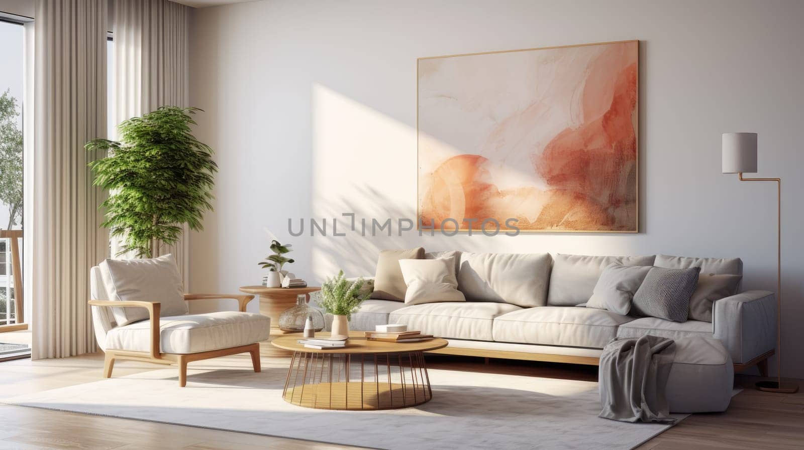 Modern living room with designer furniture. artificial art
