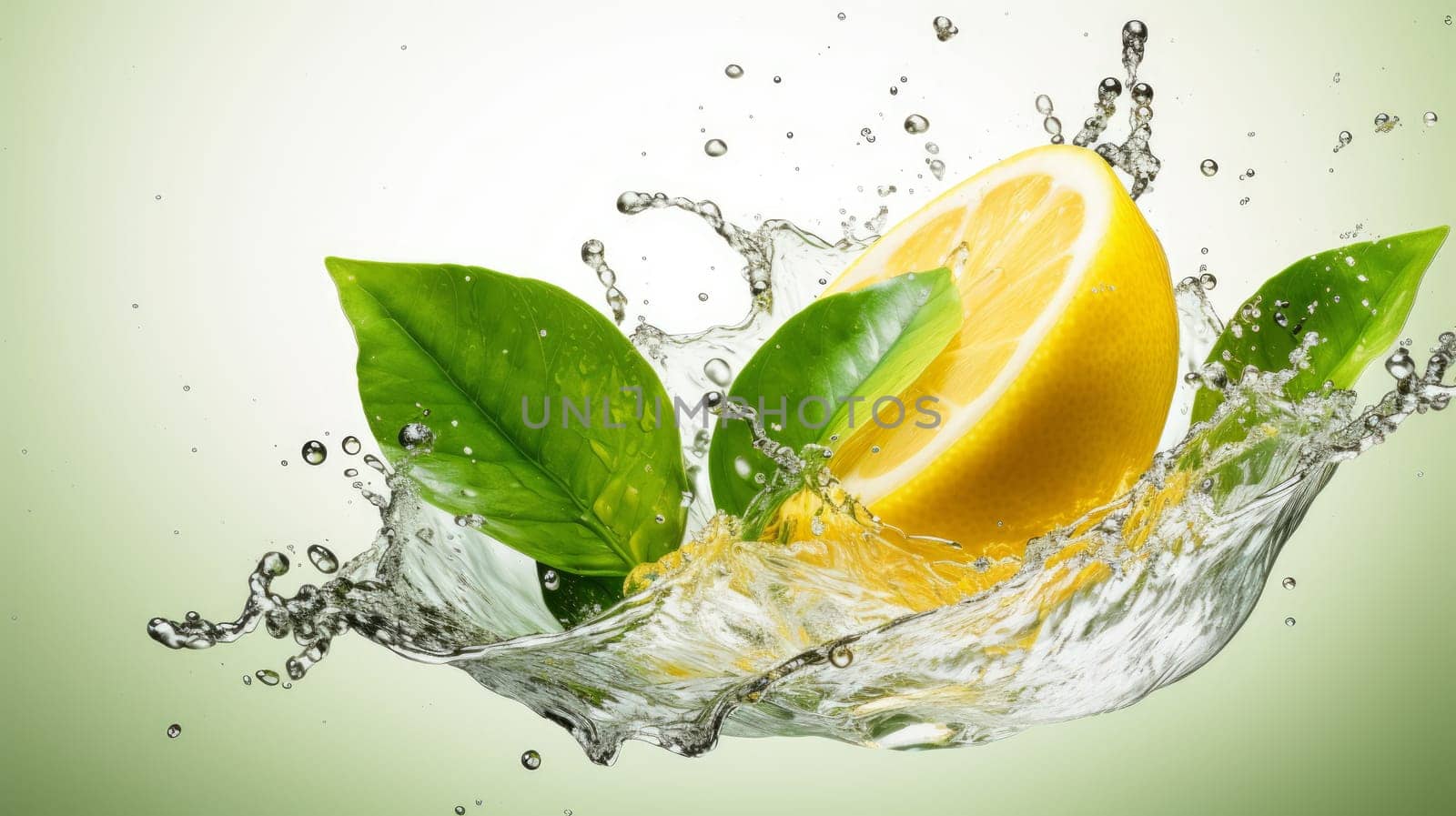 Fresh yellow lemon Fruit splash concept with water isolated on mint background. artificial art
