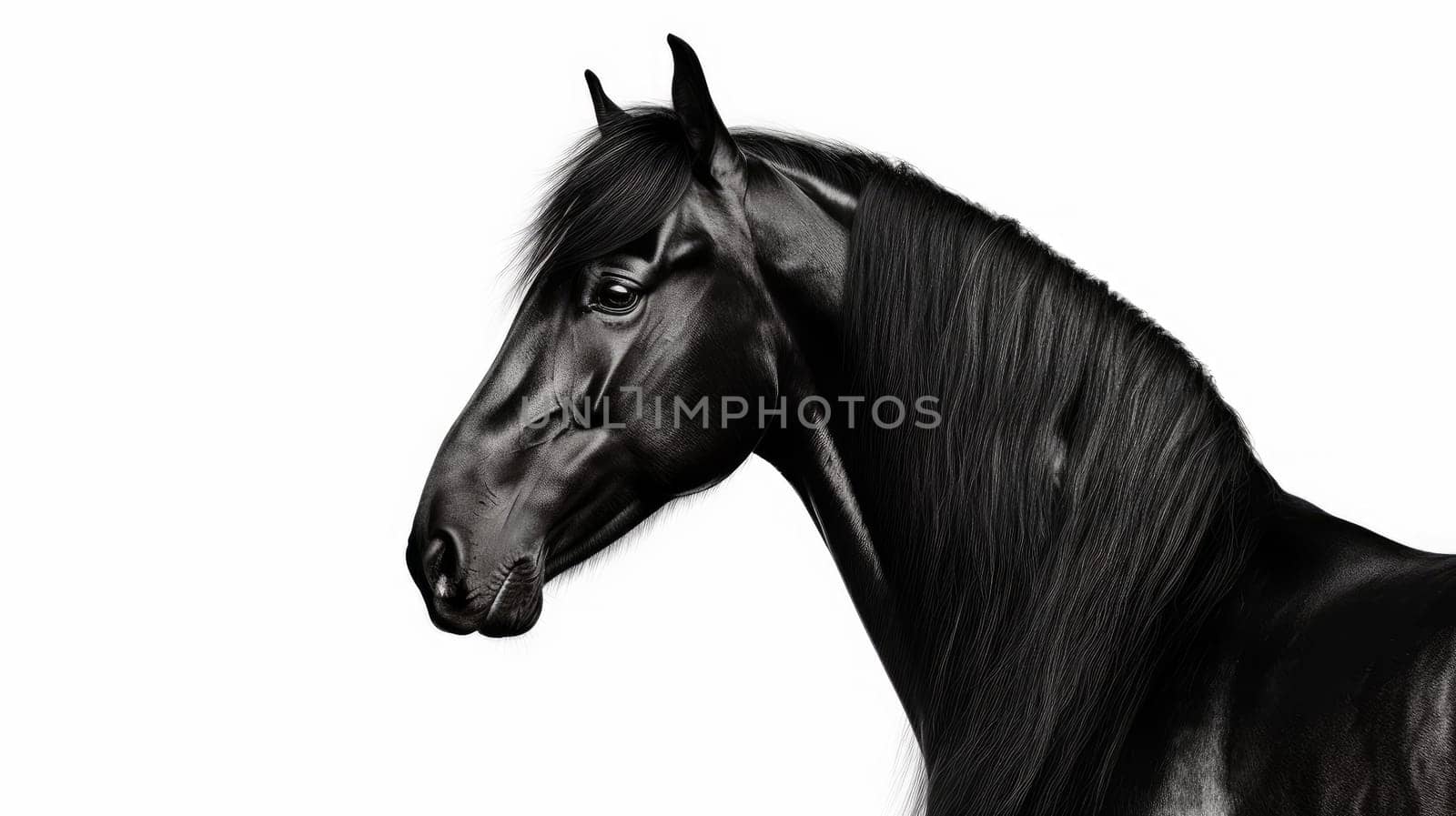 Beautiful black frisian stallion close up portrait on white background. Artificial Art.