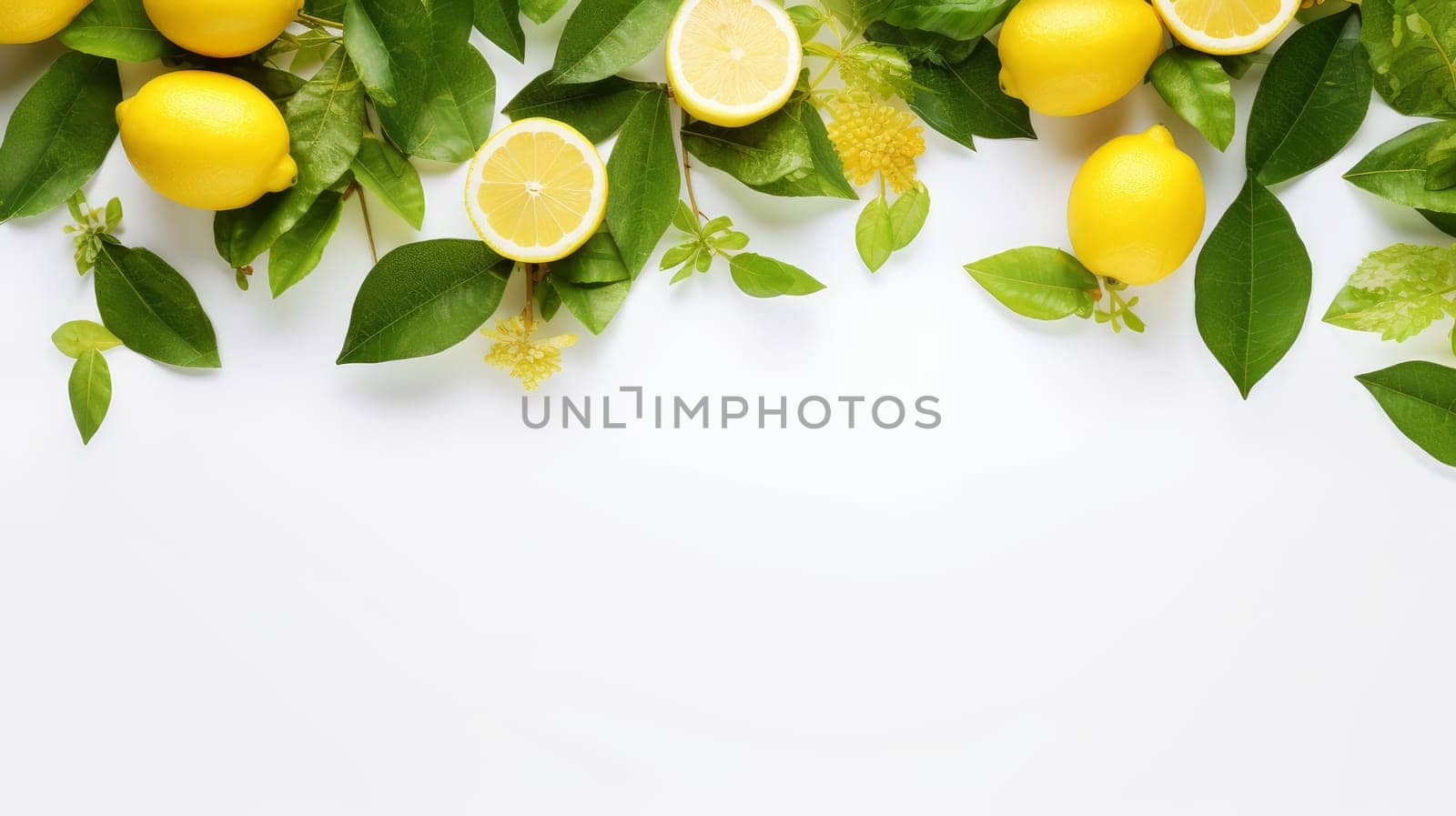 Backdrop with fresh lemons and green leaves and copyspace isolated on white background. Artificial Art
