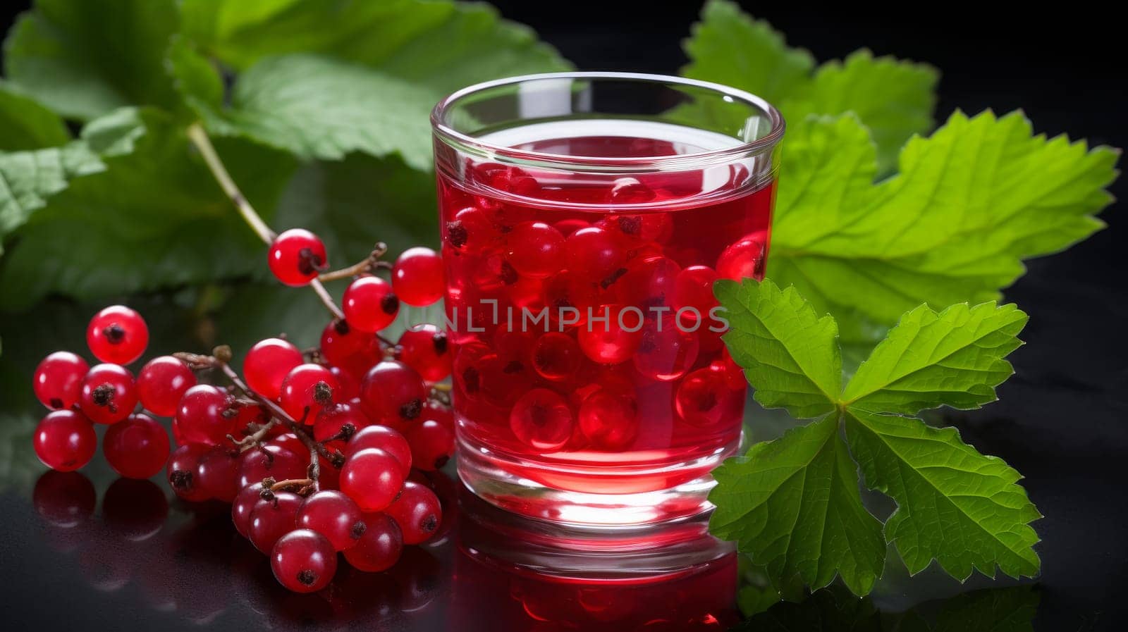 Glass filled with red currant fruits and juice and green leafes over black background. artificial art