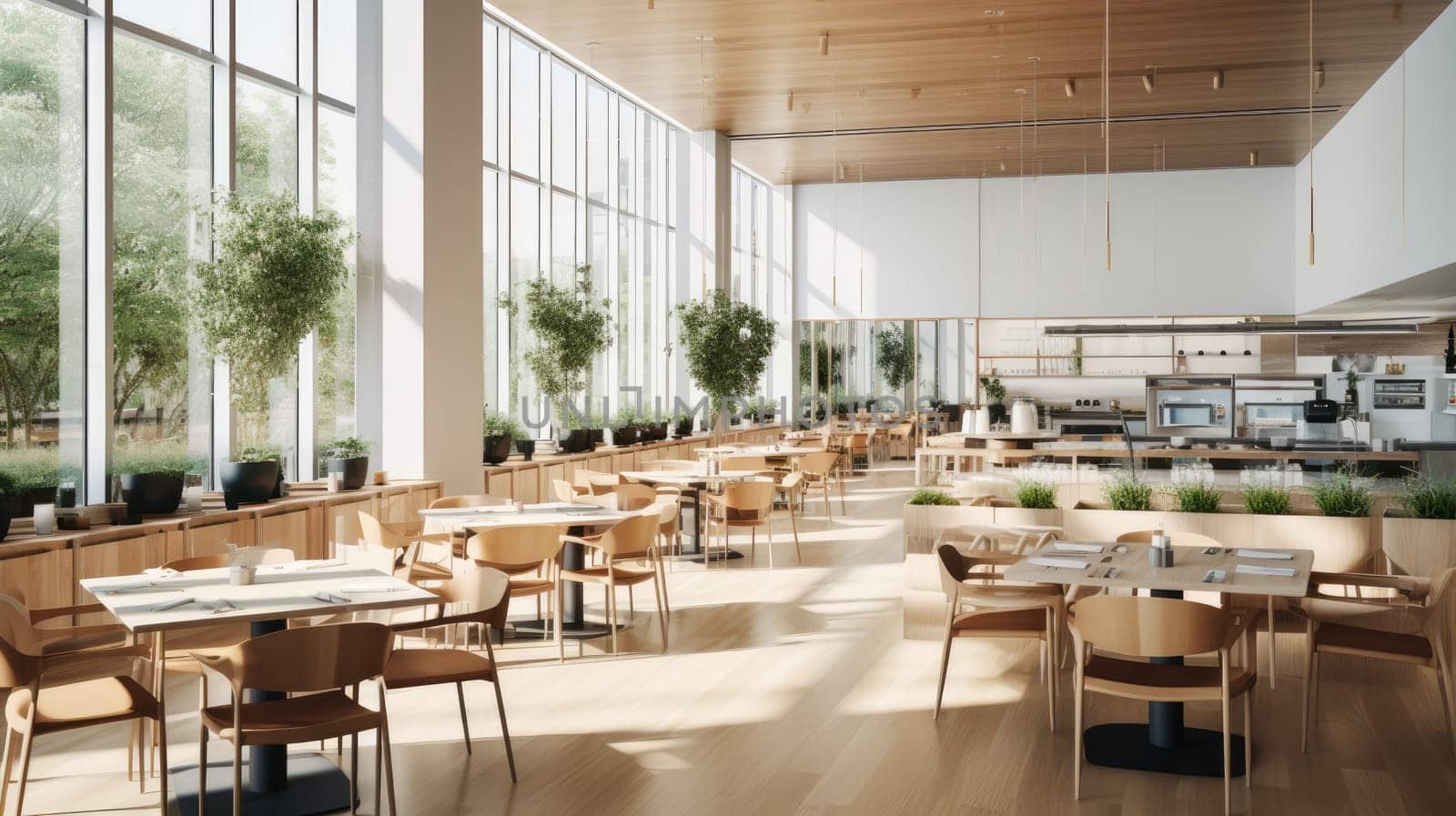 Modern interior of cafeteria or canteen with chairs and tables, eating room. artificial art