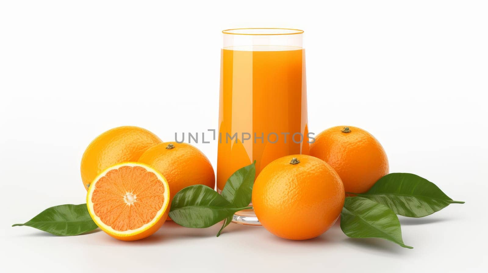 Fresh delicious orange juice in a glass with orange fruit. artificial art