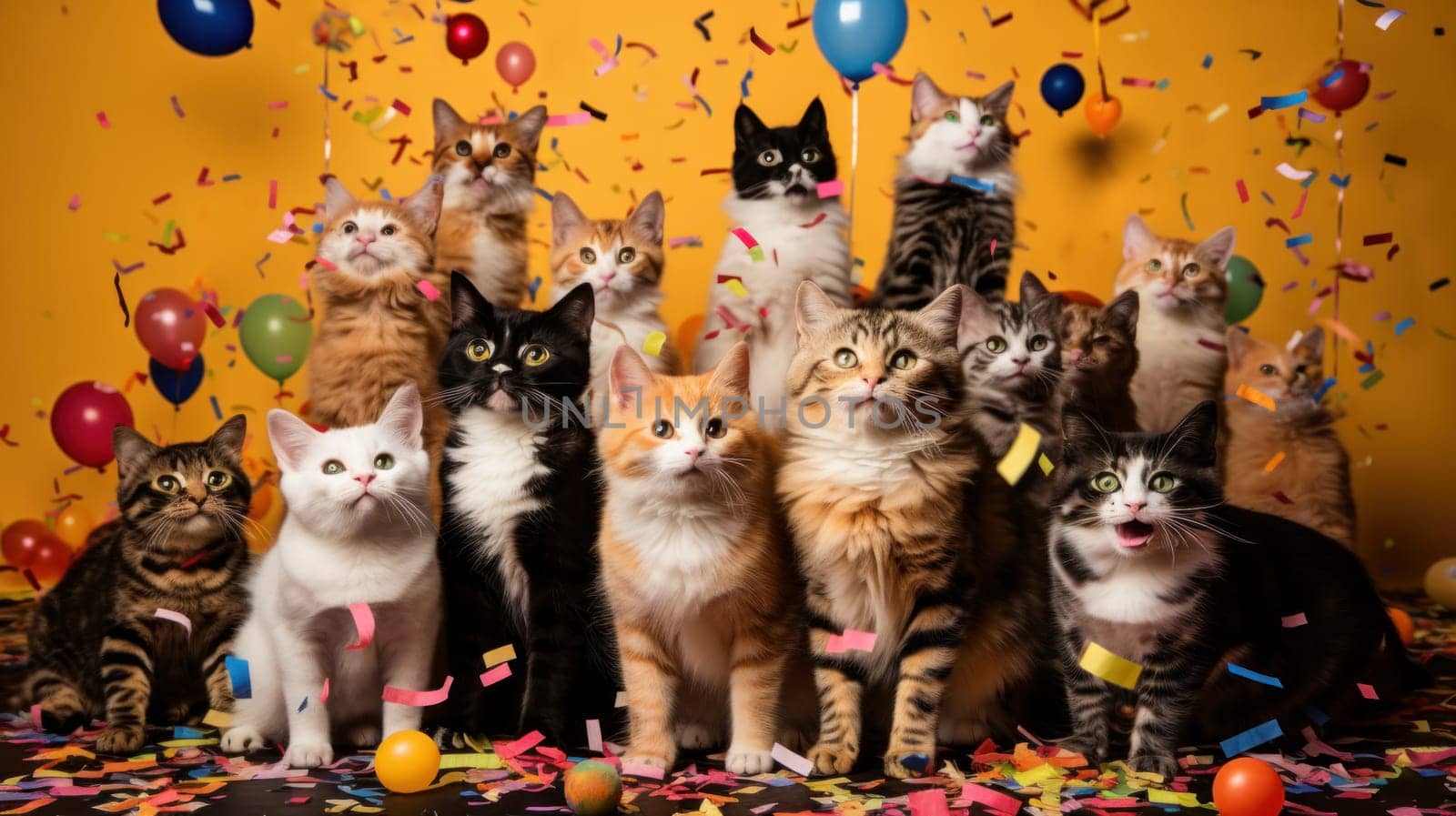 Beautiful Kitten with Party decoration with balloons - concept for advertising and balloons. Artificial Art