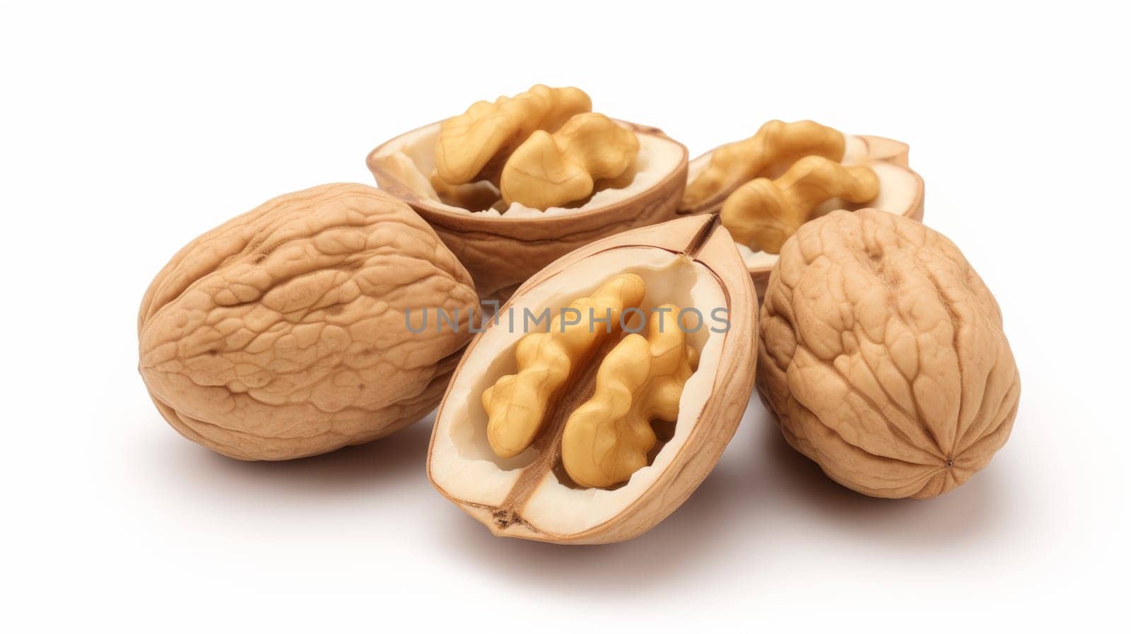 Group of Walnuts over white background. Artificial art.