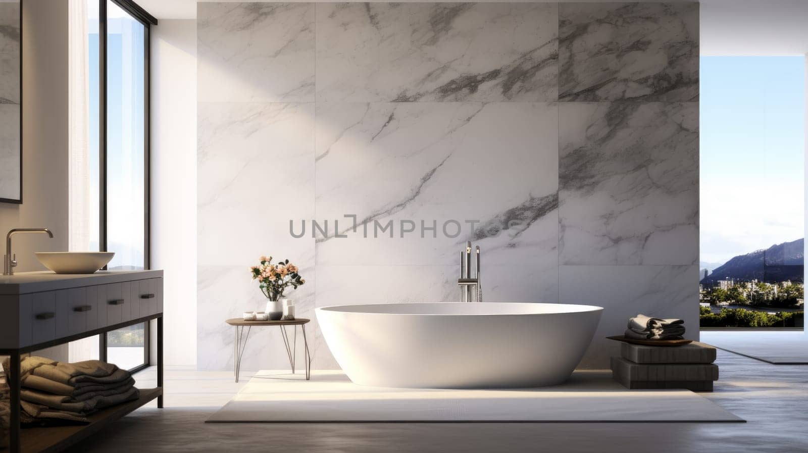 Beautiful bathroom in luxury home with bathtub, and shower. artificial art