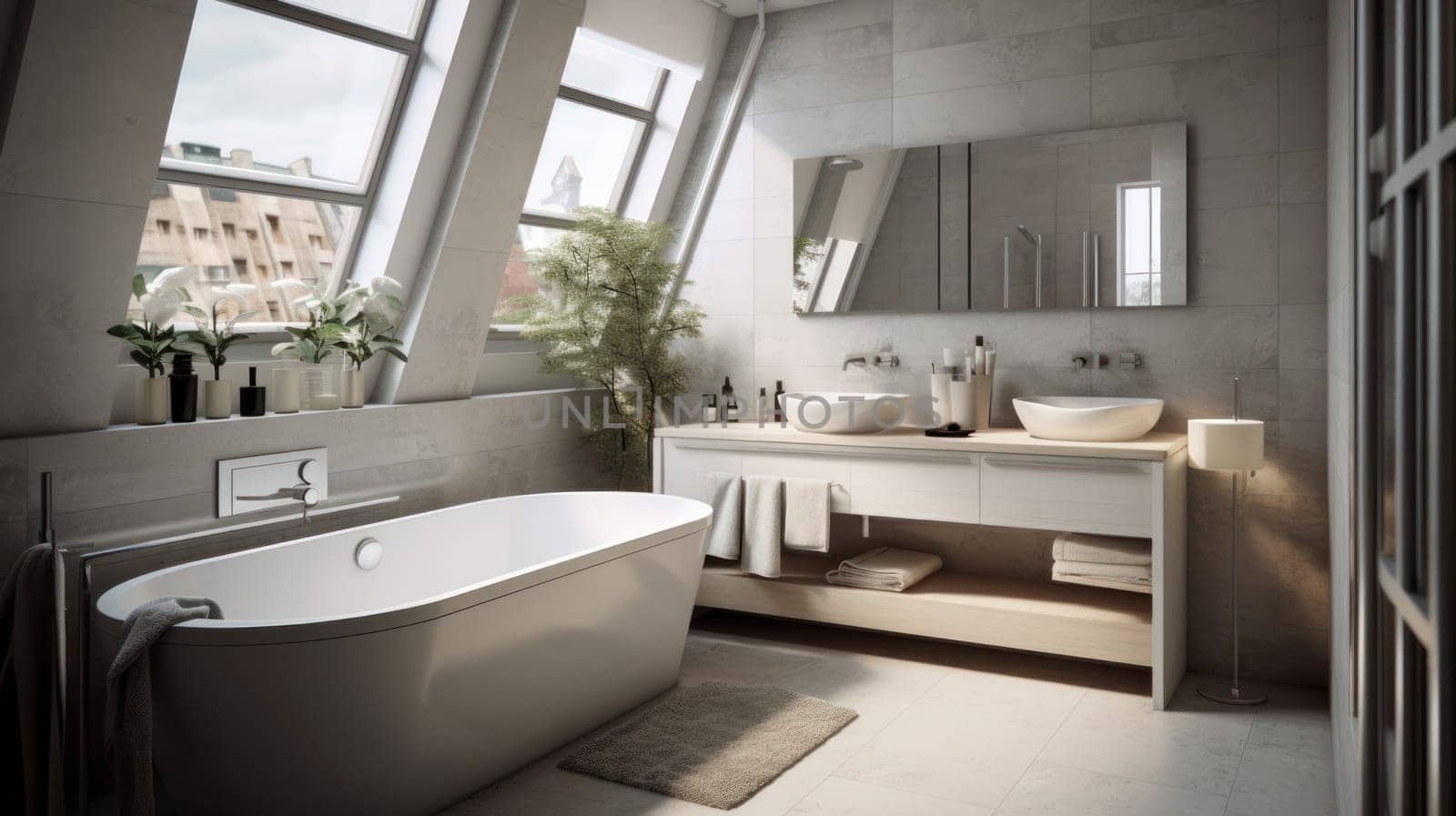 Beautiful bathroom in luxury home with bathtub, and shower. artificial art