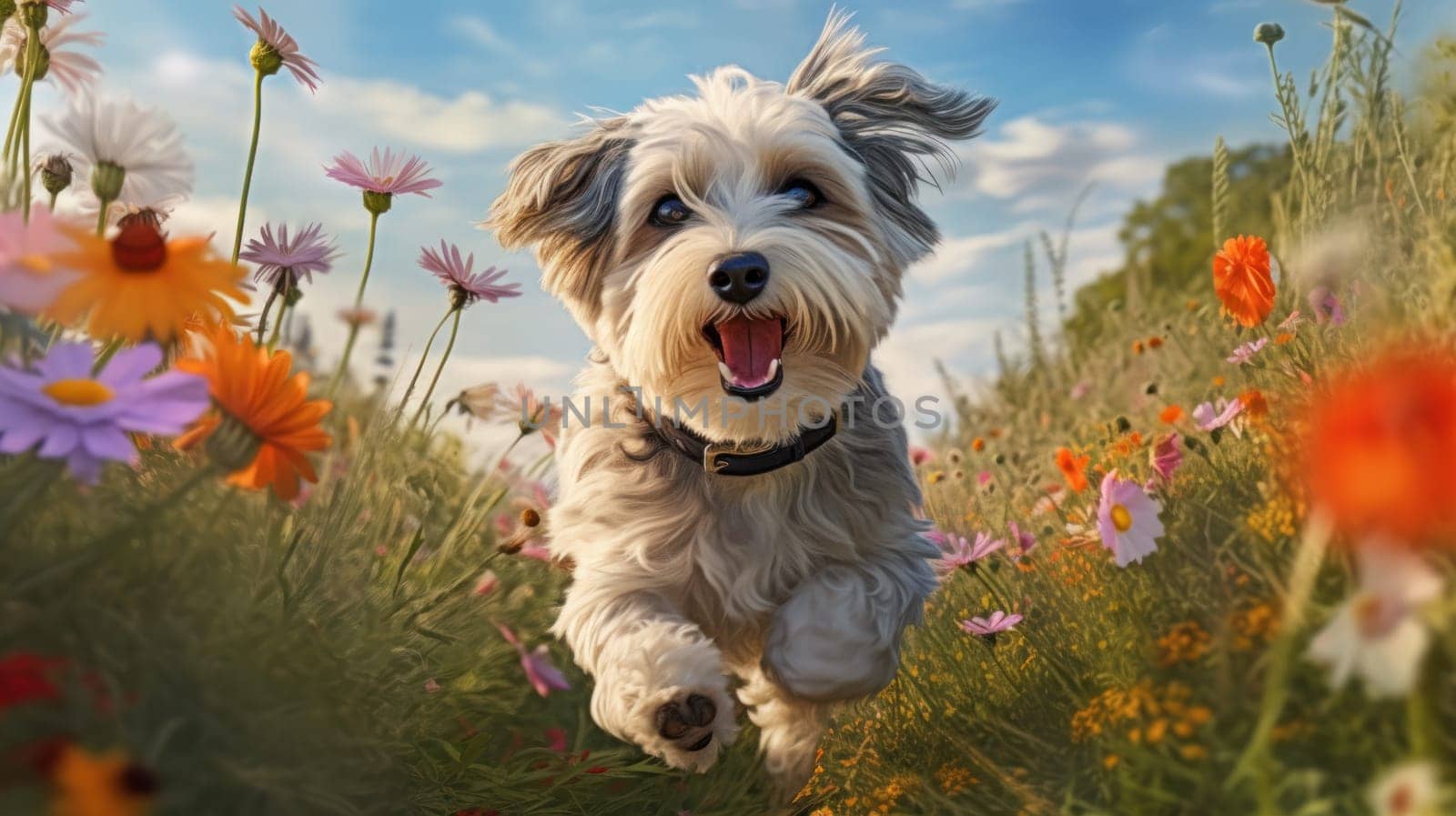 Beautiful young Havanese runs through colorful blooming meadow with Flowers. Artificial Art