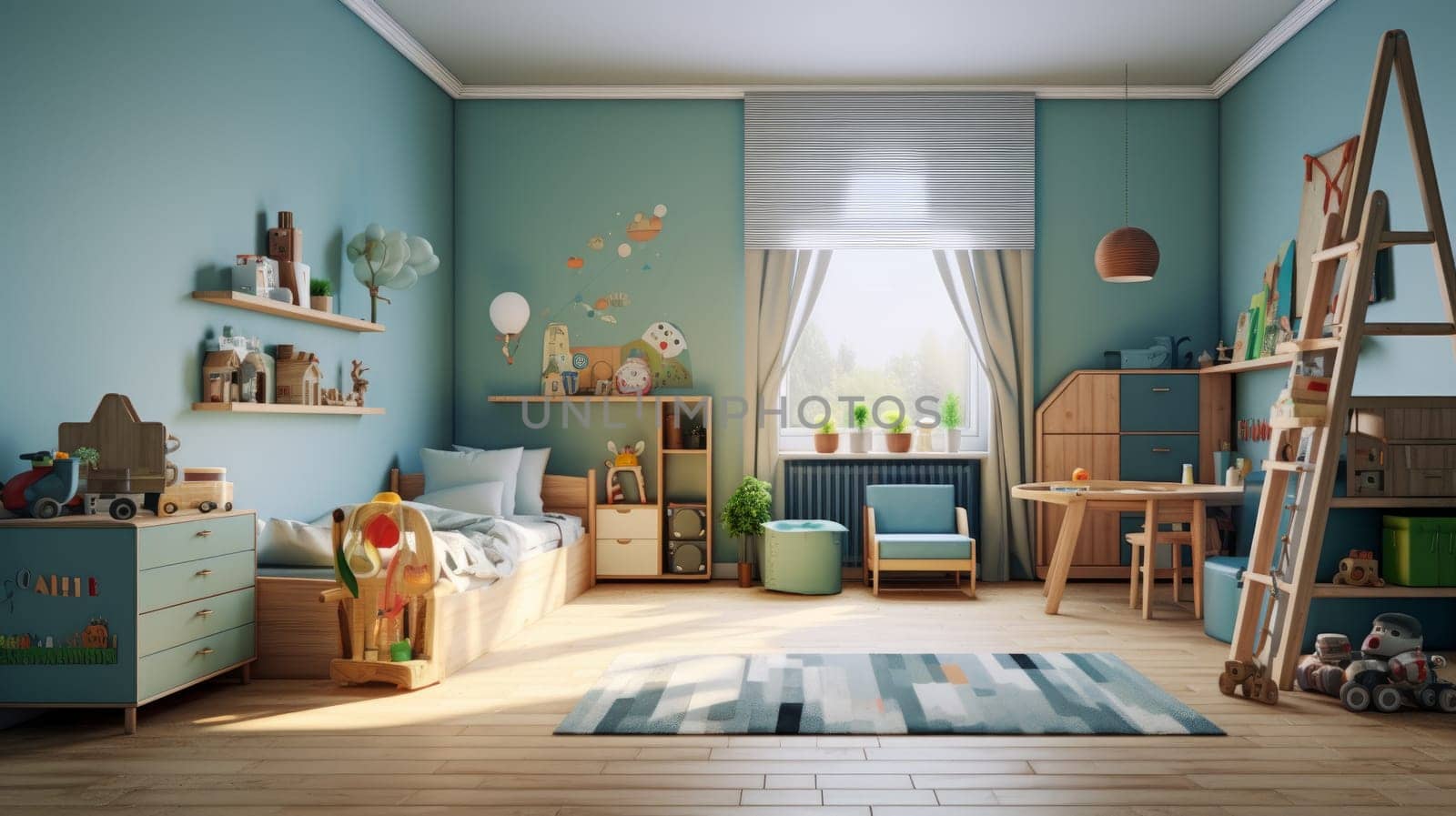 Creative playroom interior decorated with toys for kids. artificial art