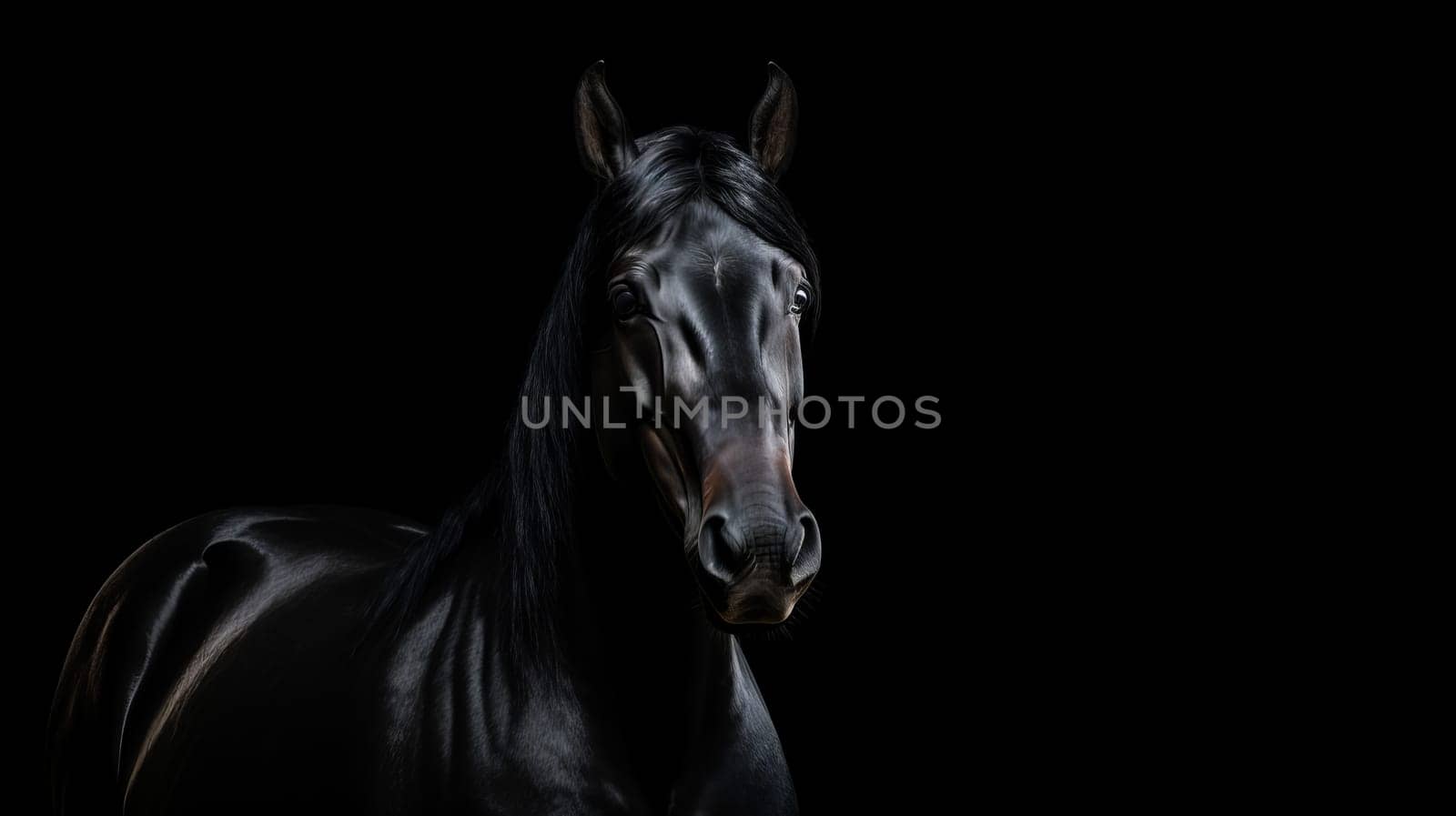 Beautiful black frisian stallion close up portrait on black background. Artificial Art.