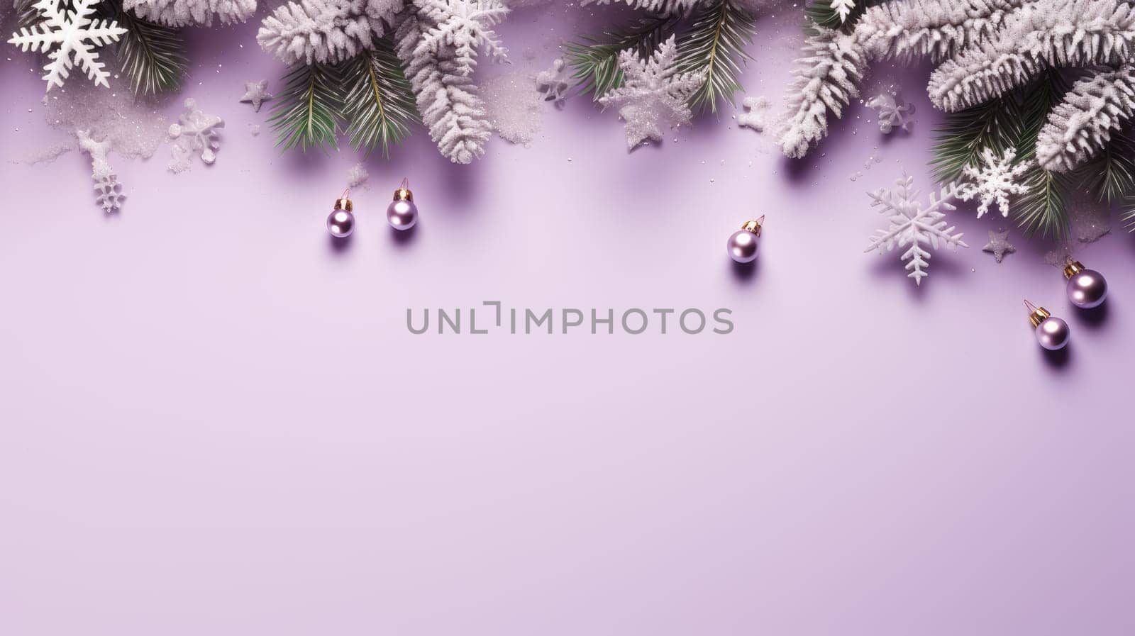 Christmas holiday star and fir branch background in bright purple colours. Winter theme wallpaper.