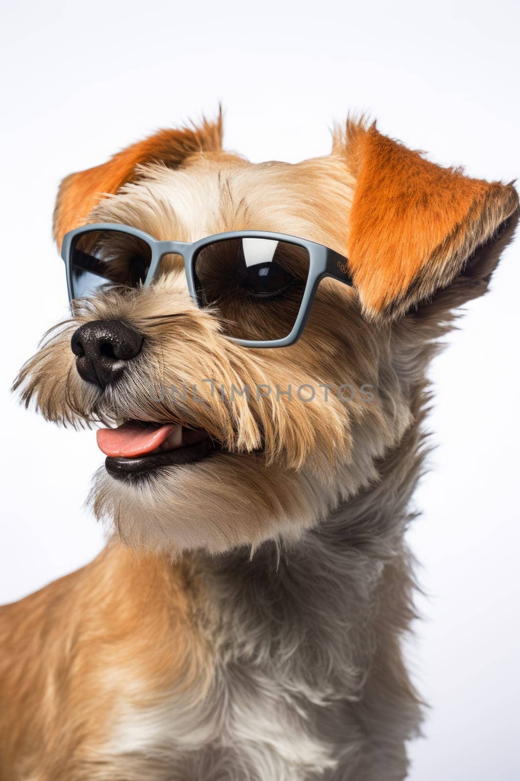 Portrait headshot from Beautiful Terrier wearing sun glasses on isolated white background. artificial art