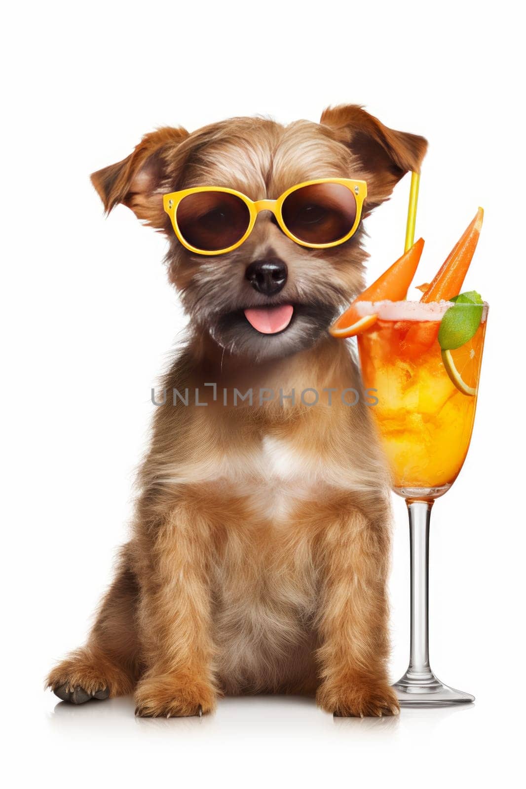 Tiny Terrier Dog with eyeglass and delicious Cocktail on bright background. Artificial Art