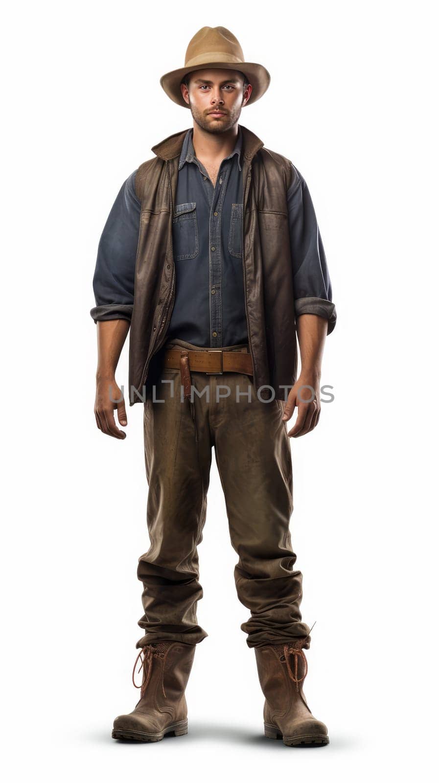 Farmer with hat standing in studio isolated on white background. artificial art