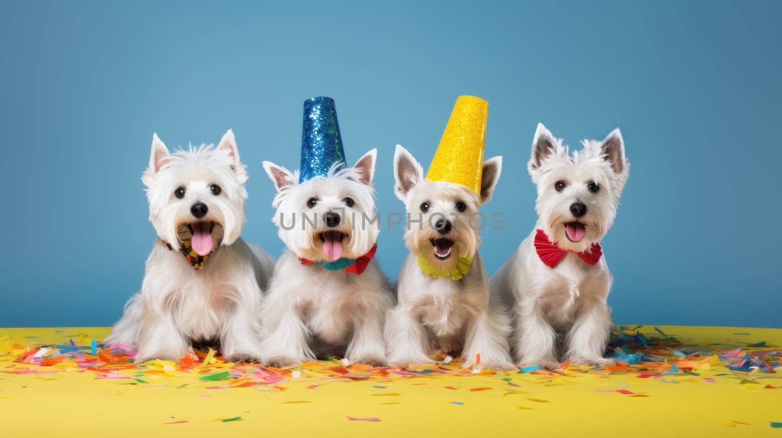 Funny west highland terrier with party decoration . Artificial Art