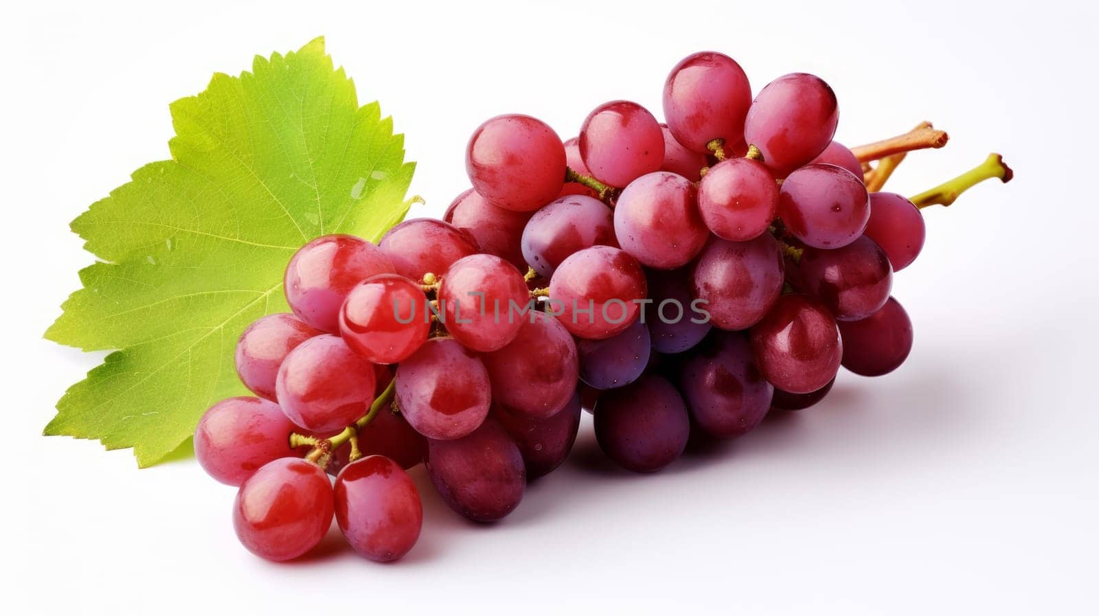 Fresh Ripe of red grapes with green Leaf isolated on white background. artifical art