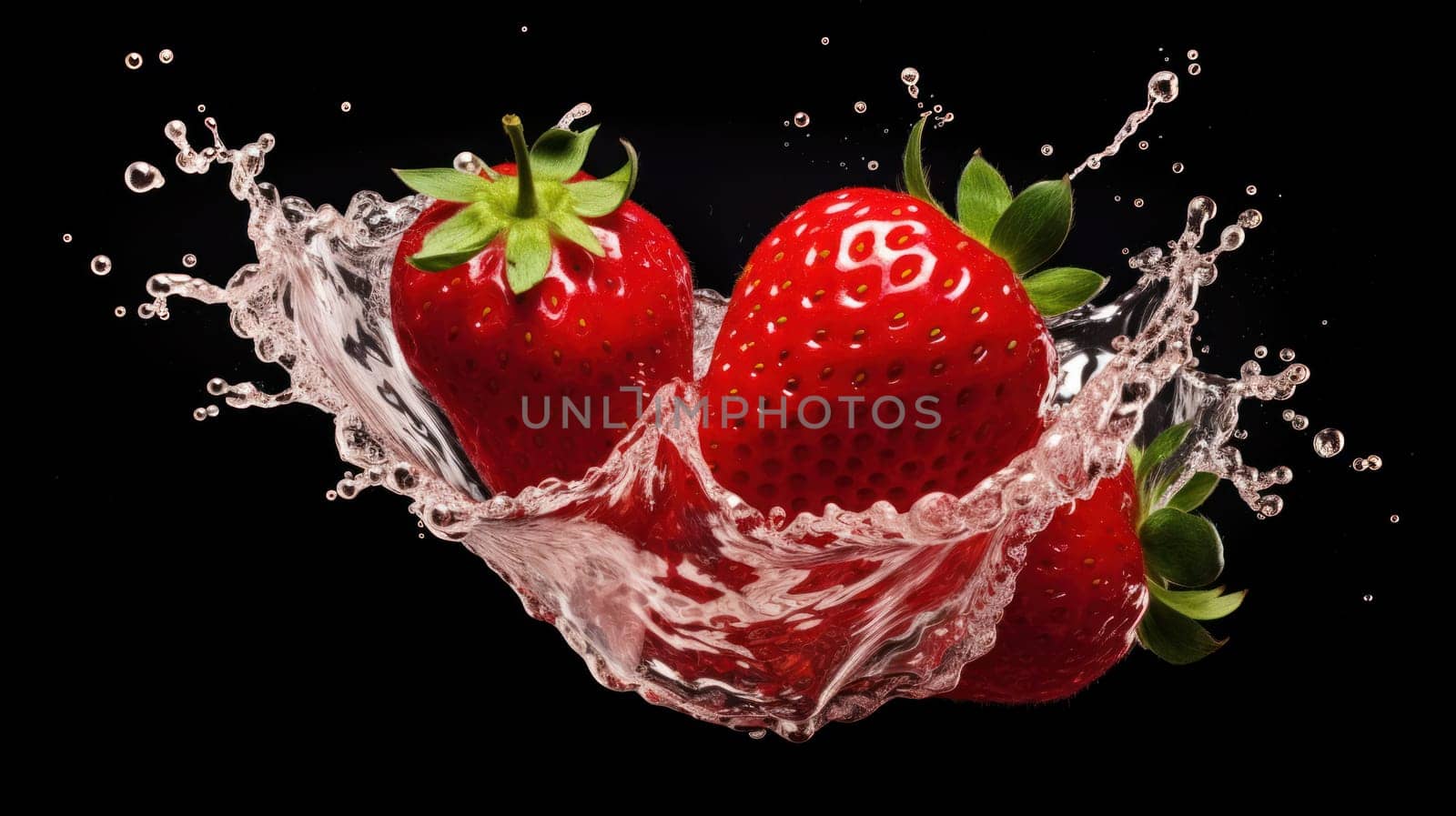 Fresh Strawberry - Water splash with black background. artificial art