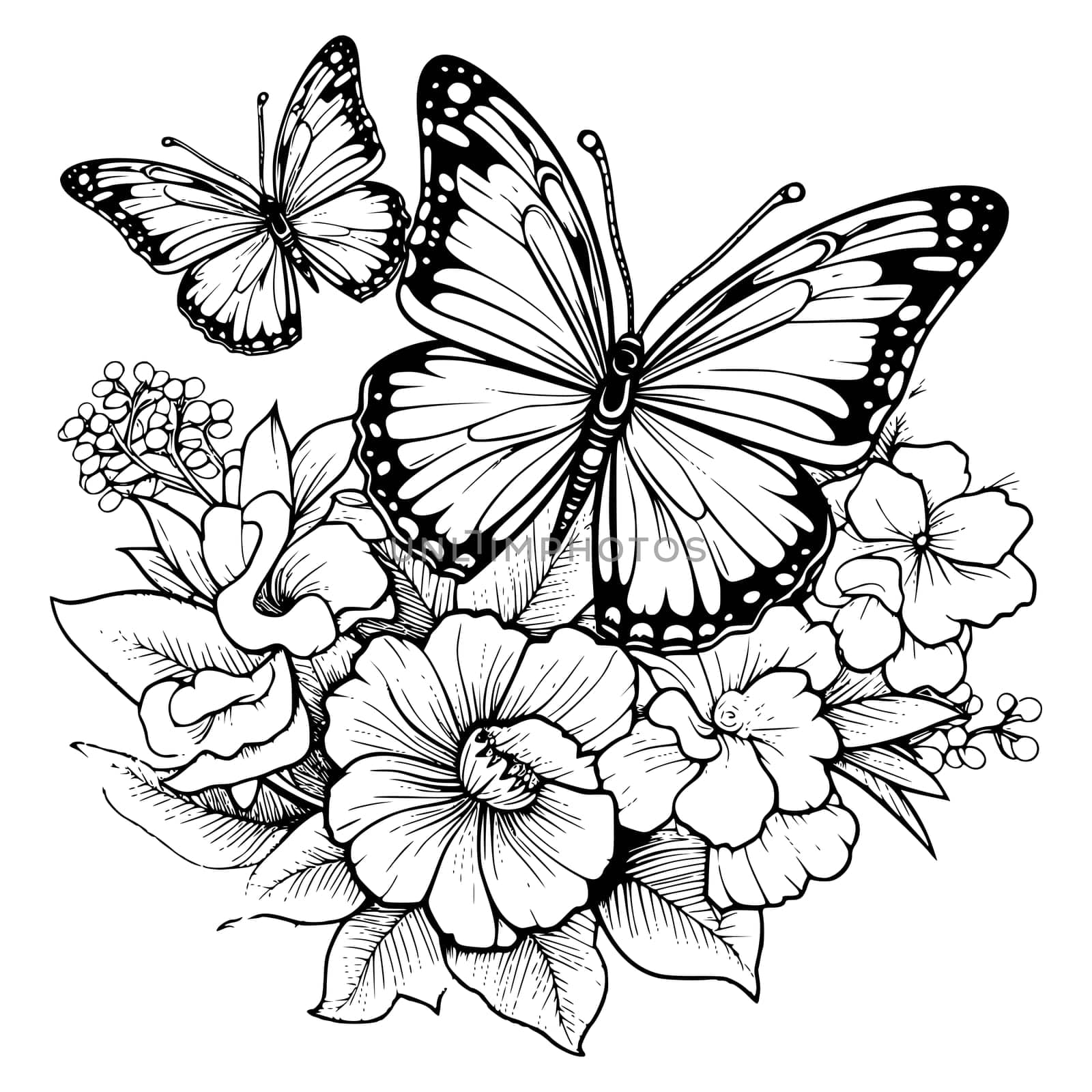 Butterflies With Flowers Coloring Page Drawing for Kids