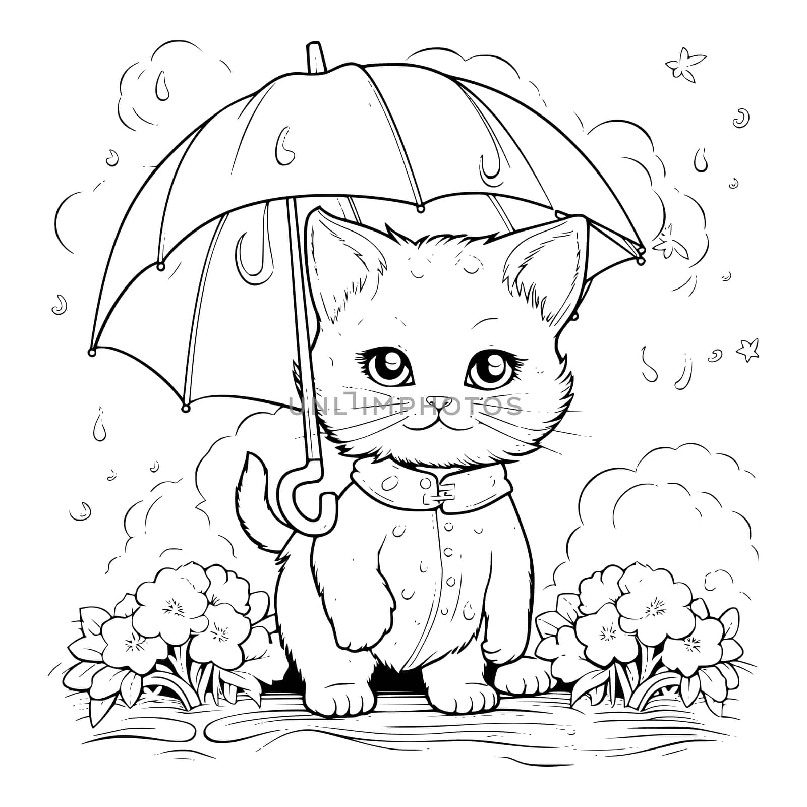Cat In Rainy Day Coloring Page For Kids