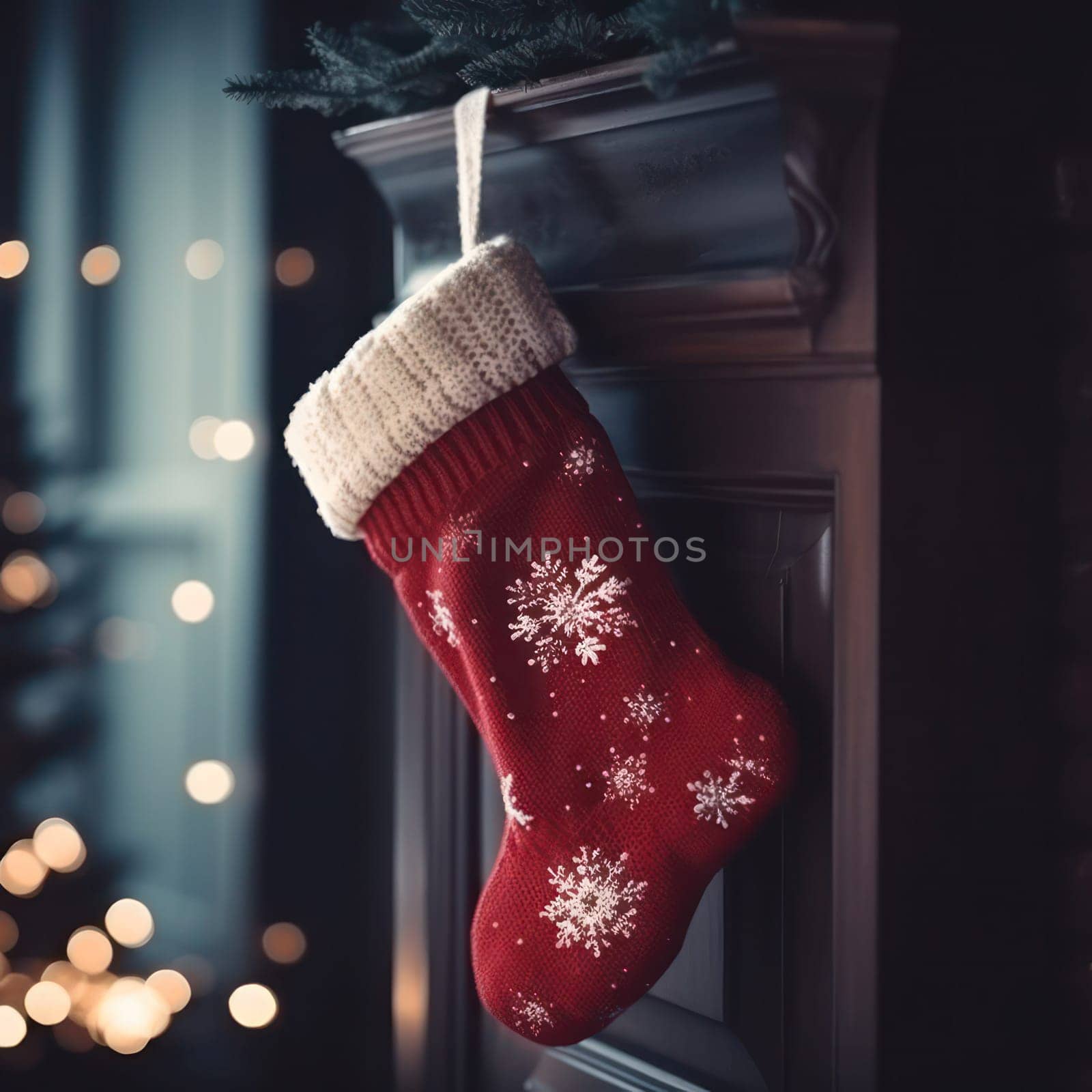 Christmas red with snowflakes sock for gifts on fireplace close-up.