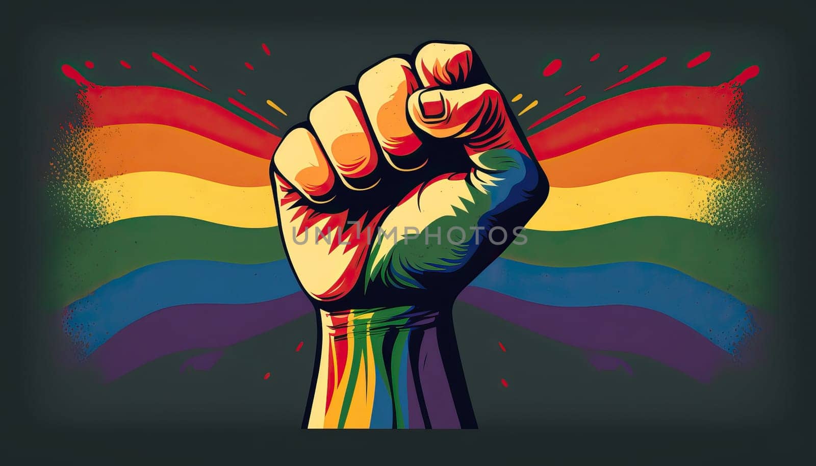 Fist on rainbow flag background. freedom and human rights