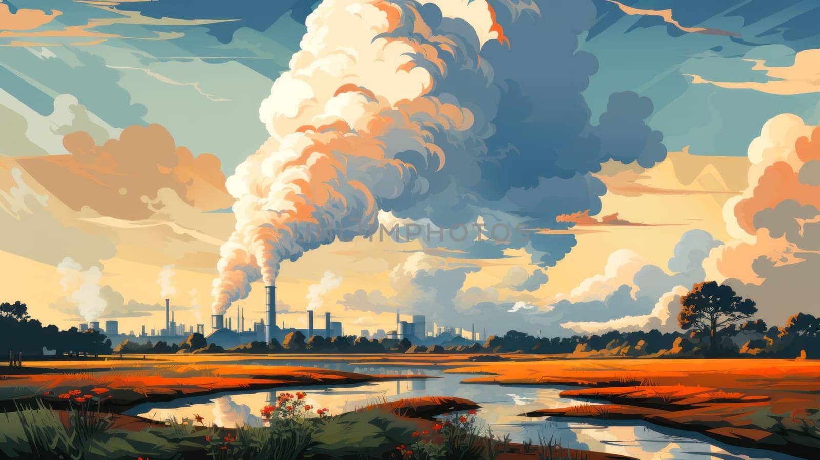 Abstract industrial landscape background.factory smoke clusters pollute the environment, and pollution damages the environment. environmental protection concept