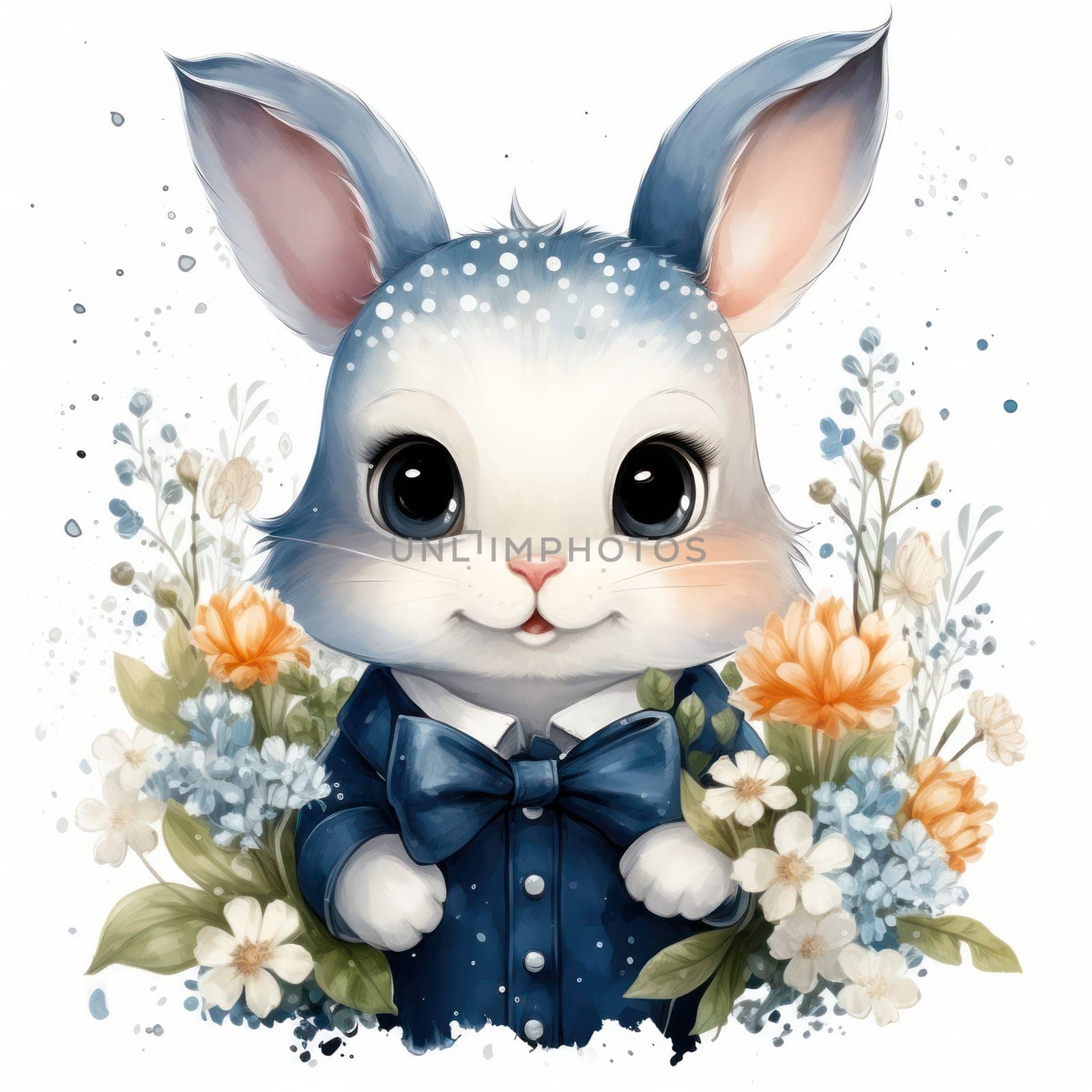 Cute little bunny boy with flowers close-up on a white background in watercolor style.drawing for a children's book or print for clothing