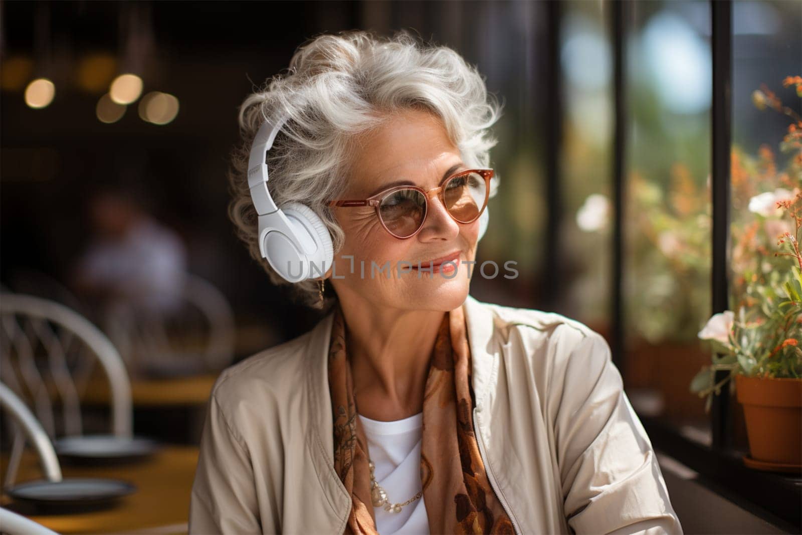 a beautiful and cheerful gray-haired woman in glasses, light clothes and headphones listens to music on the veranda or in a cafe