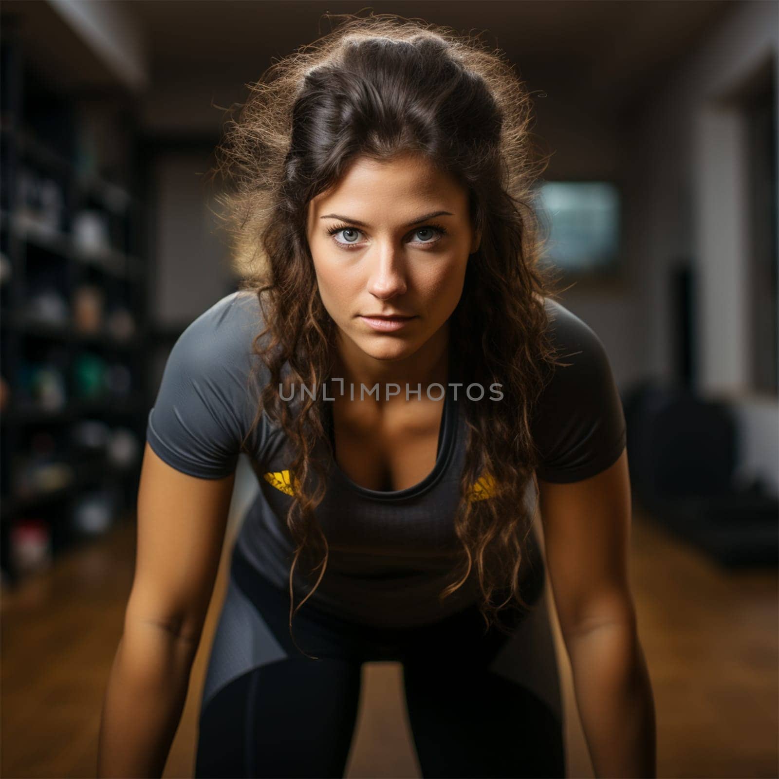 Brunette woman in sportswear in gym looking at camera.