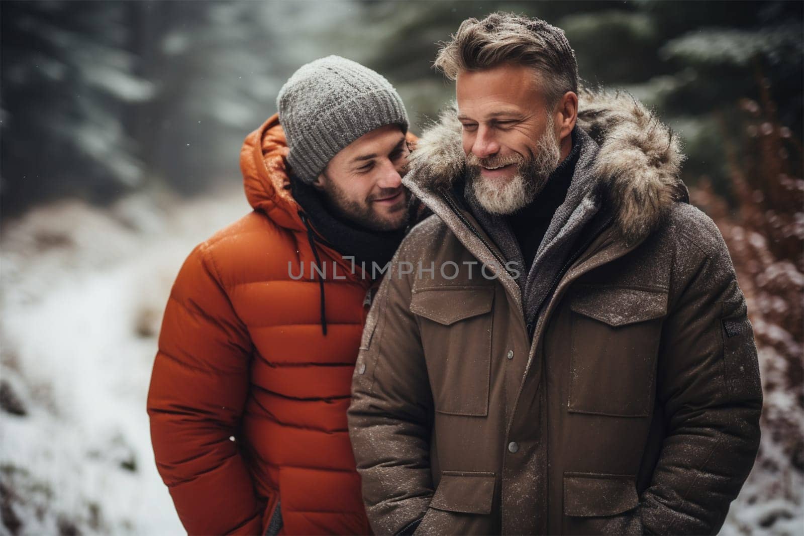 Happy couple, friends on a snowy day before Christmas. Christmas Eve.