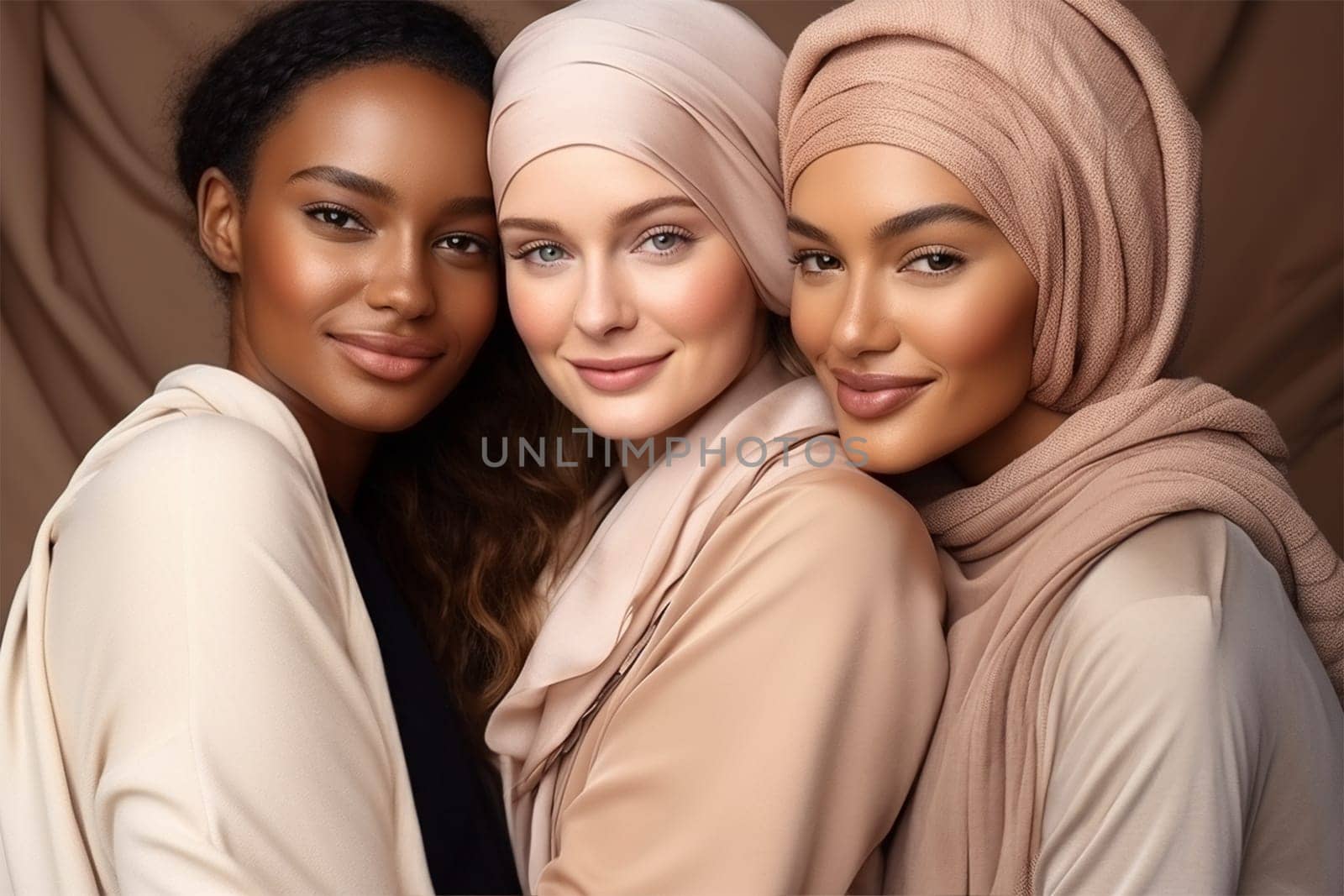 beautiful young women in muslim clothes in pastel colors posing, smiling at the camera, standing together. Portrait of modern young women.racial diversity. Women's fashion concept.