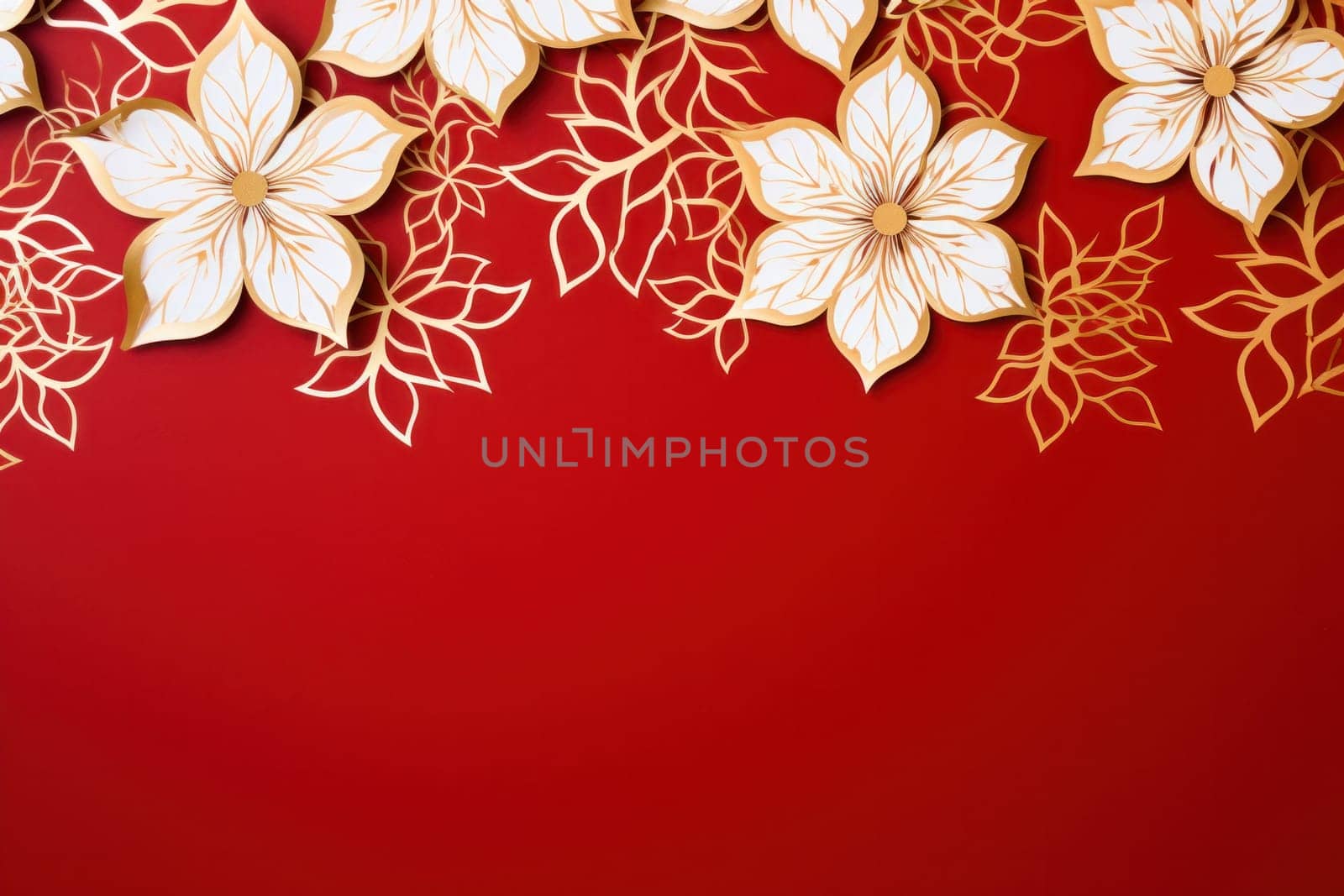 white flowers and golden elegant Christmas ornament on red background with copy space.Greeting Christmas card.