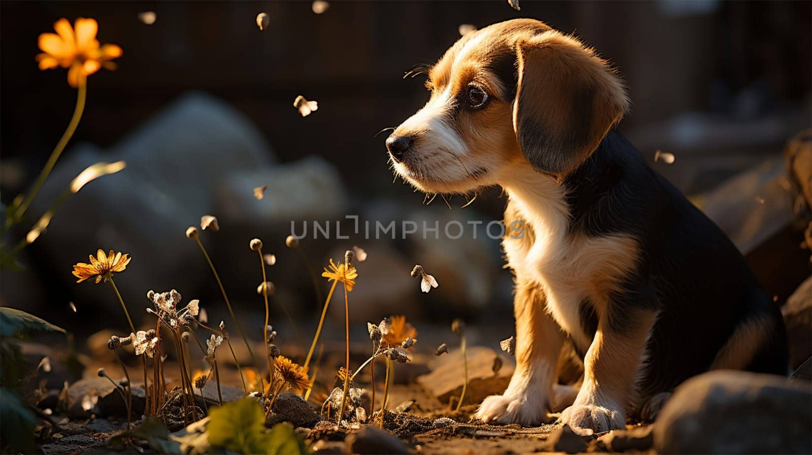 A beagle dog sits on the grass covered with fallen leaves in an autumn park against the background of falling leaves from a tree