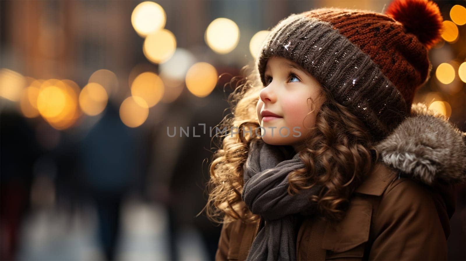 girl in a knitted hat and coat looks up at the Christmas market.holiday and Christmas concept