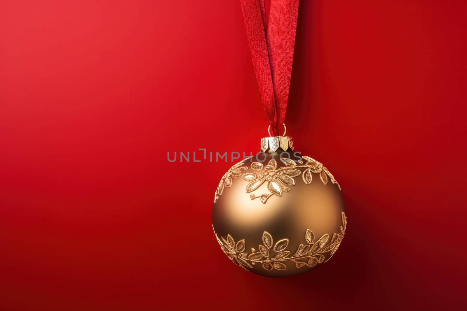 One red ball with a Christmas ornament, on a red background with copy space.