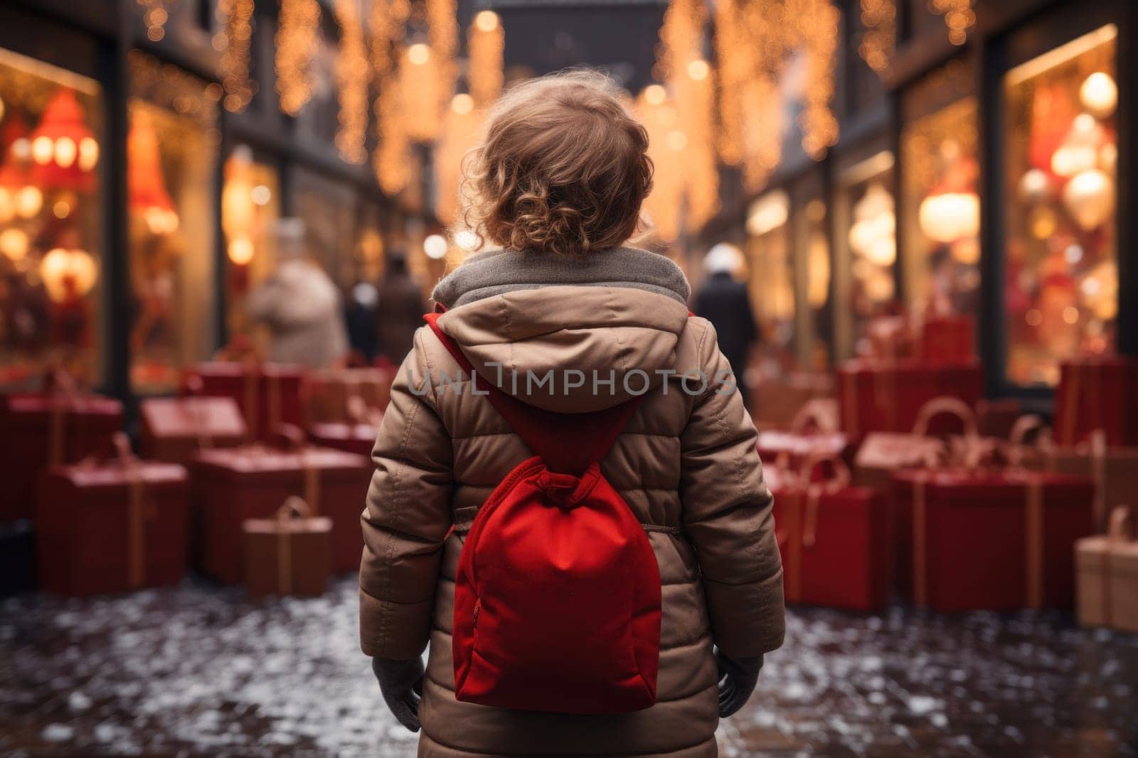 little boy looking through a display window at Christmas decorations and gifts in a store