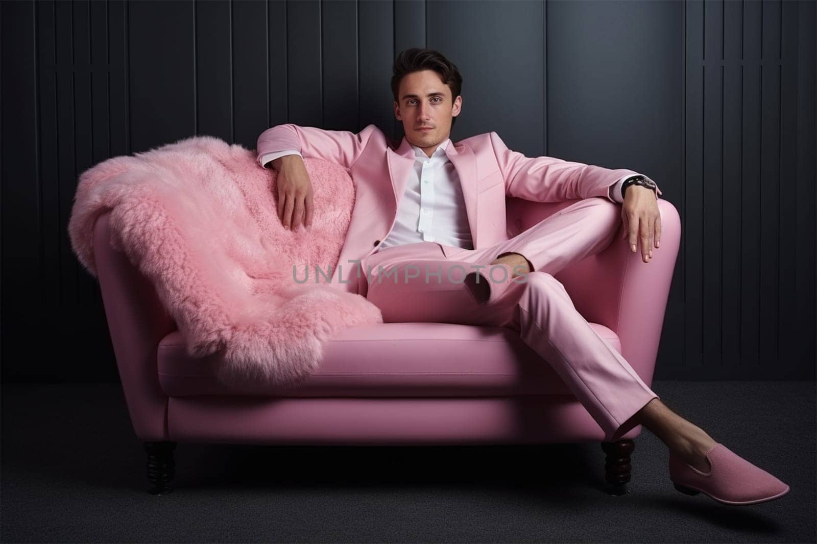 A young man in a pink suit and shoes sits comfortably on a fluffy soft fur pink chair.