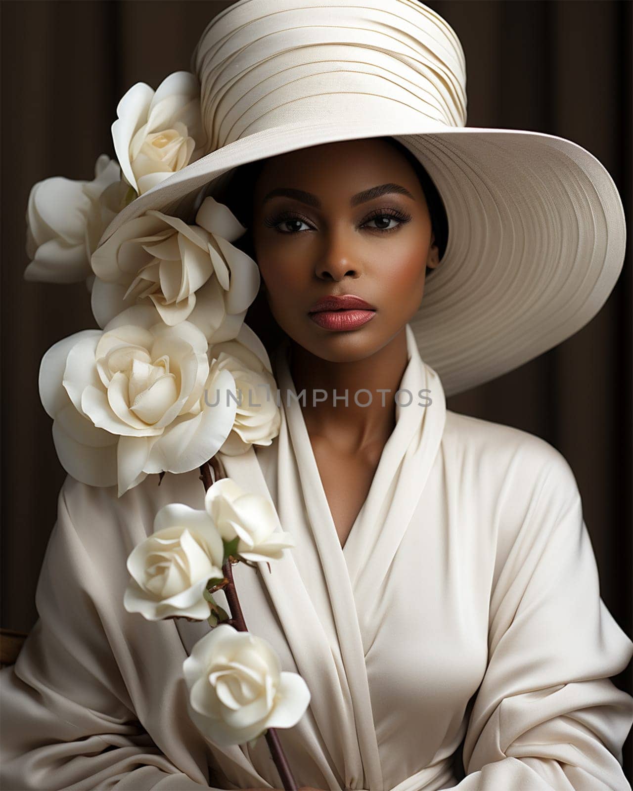 Beautiful black woman in white dress and hat.fashion portrait.