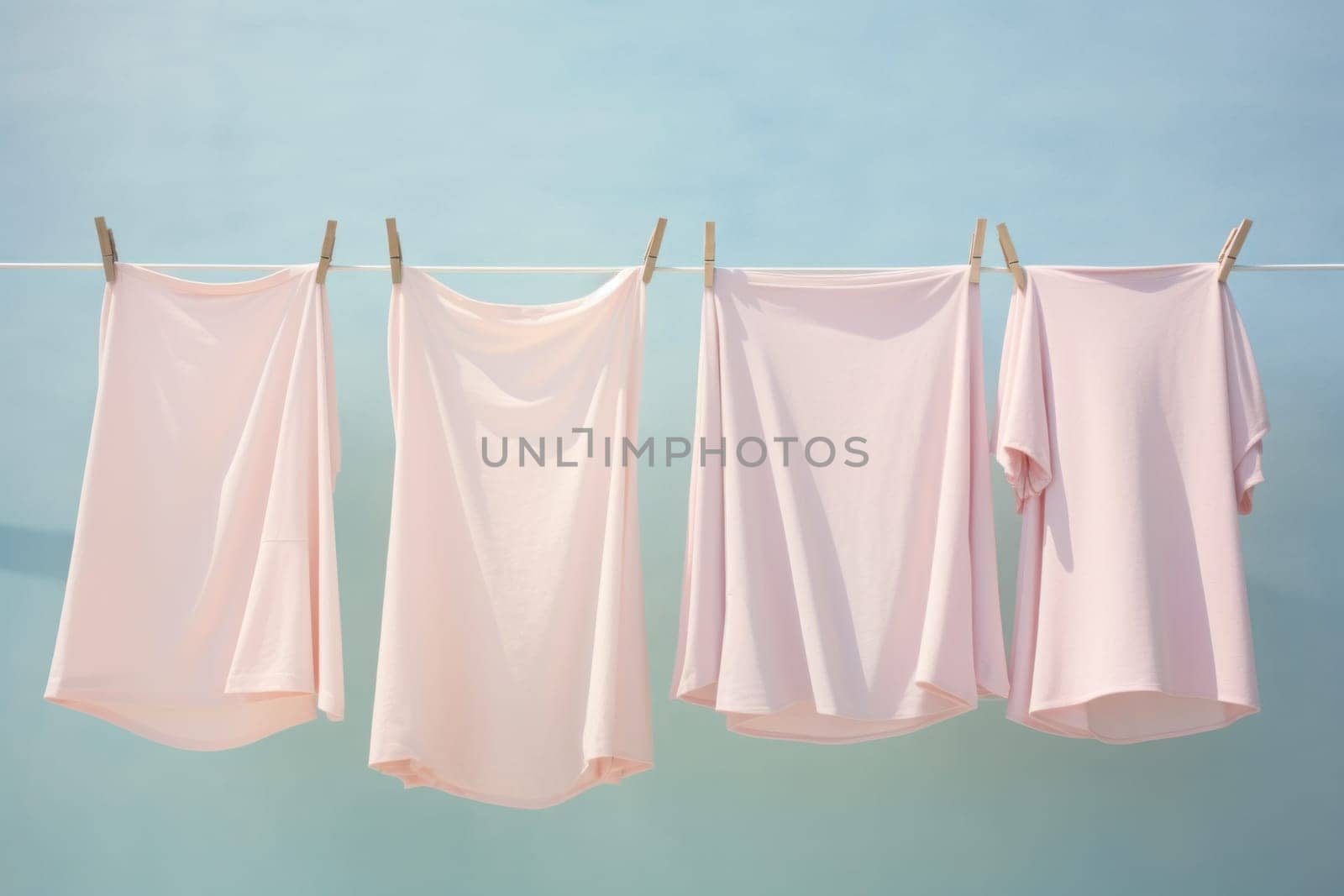 Clean children's clothes hanging on a washing line on the street. Illustration in pastel colors. Washday.