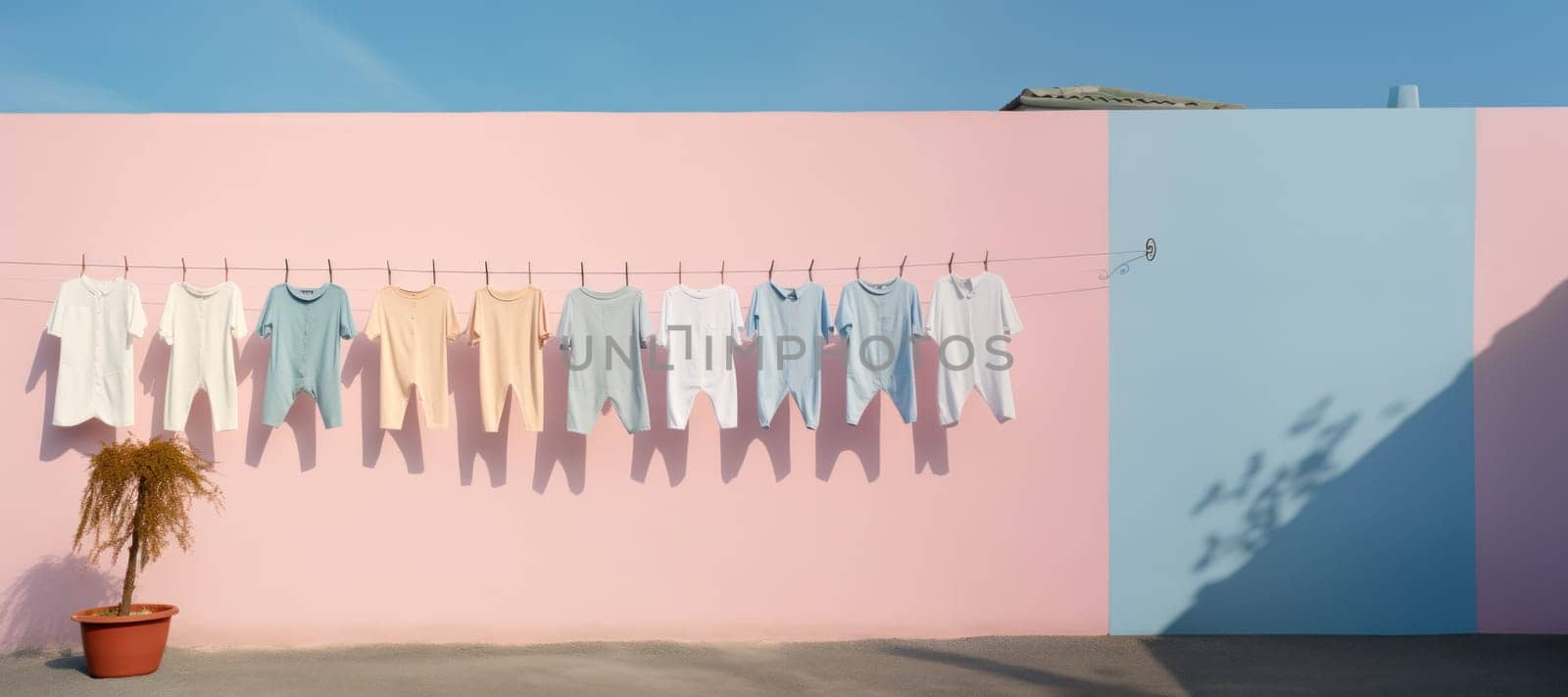 Clean children's clothes hanging on a washing line on the street. Illustration in pastel colors. Washday.