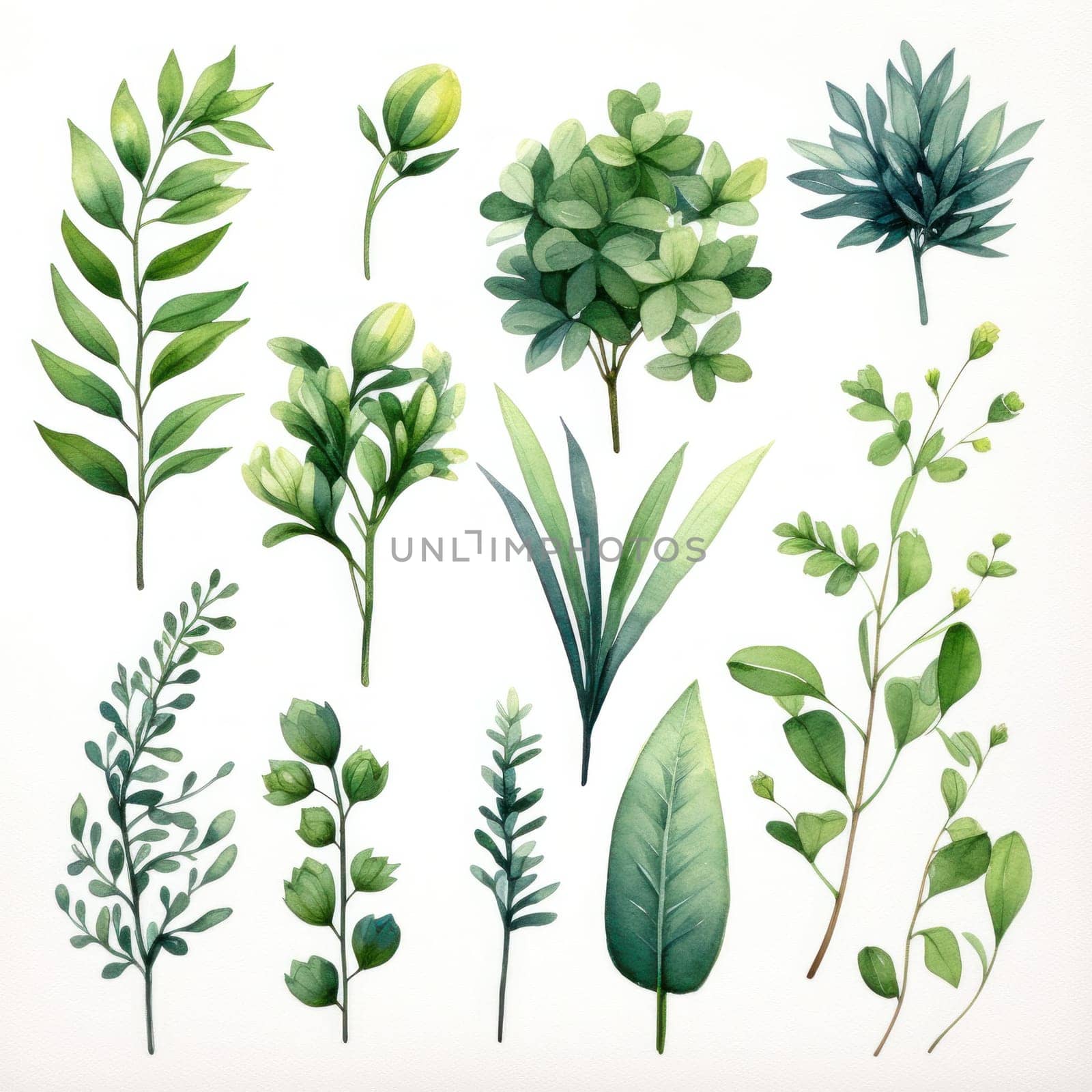 Watercolor tropical floral illustration with green leaves and greenery on white background
