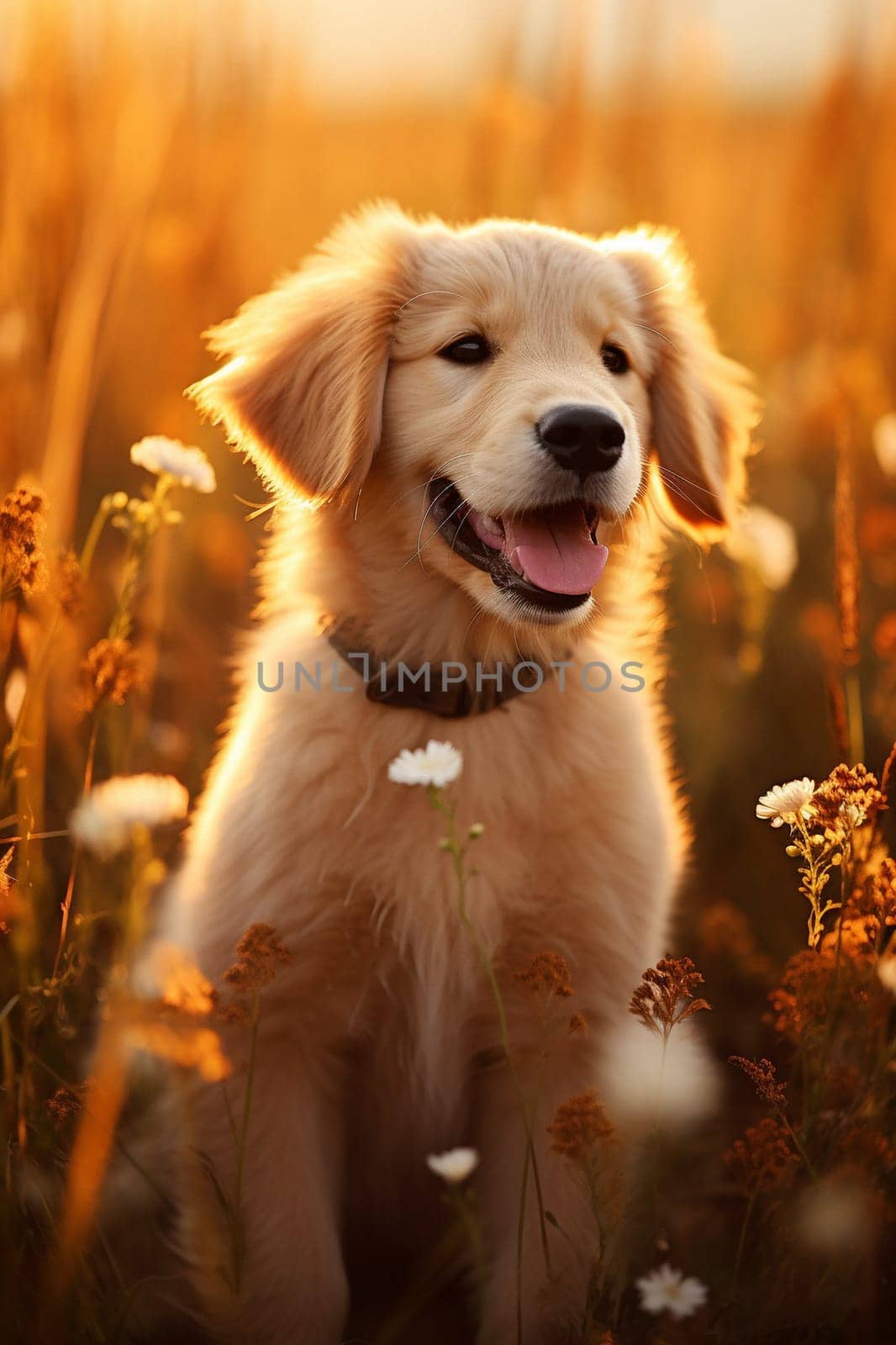 Golden Retriever puppy sitting in red flower flield and looking into camera