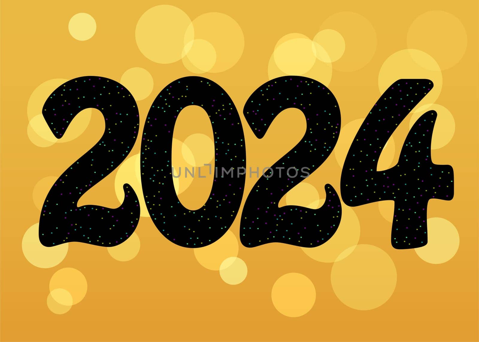 Welcoming 2024 with artistic flair! Bold black number 2024, adorned with vibrant spray decor for an exciting New Year. Bright yellow background with light blurs. Get ready to celebrate!
