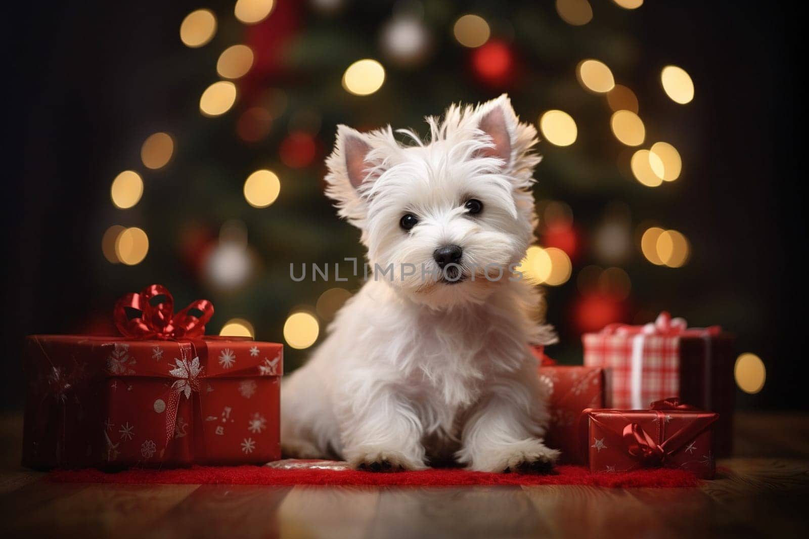 West Highland White Terrier dog between red and white christmas presents