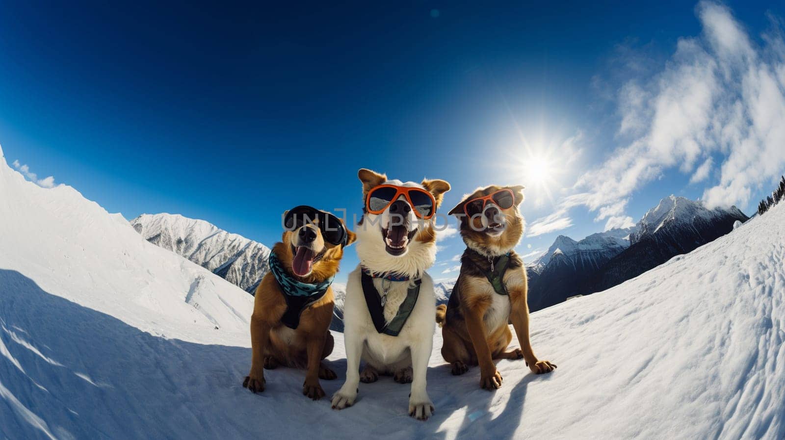Three funny dogs with sunglasses sitting on top of the mountain in the snowin the snow