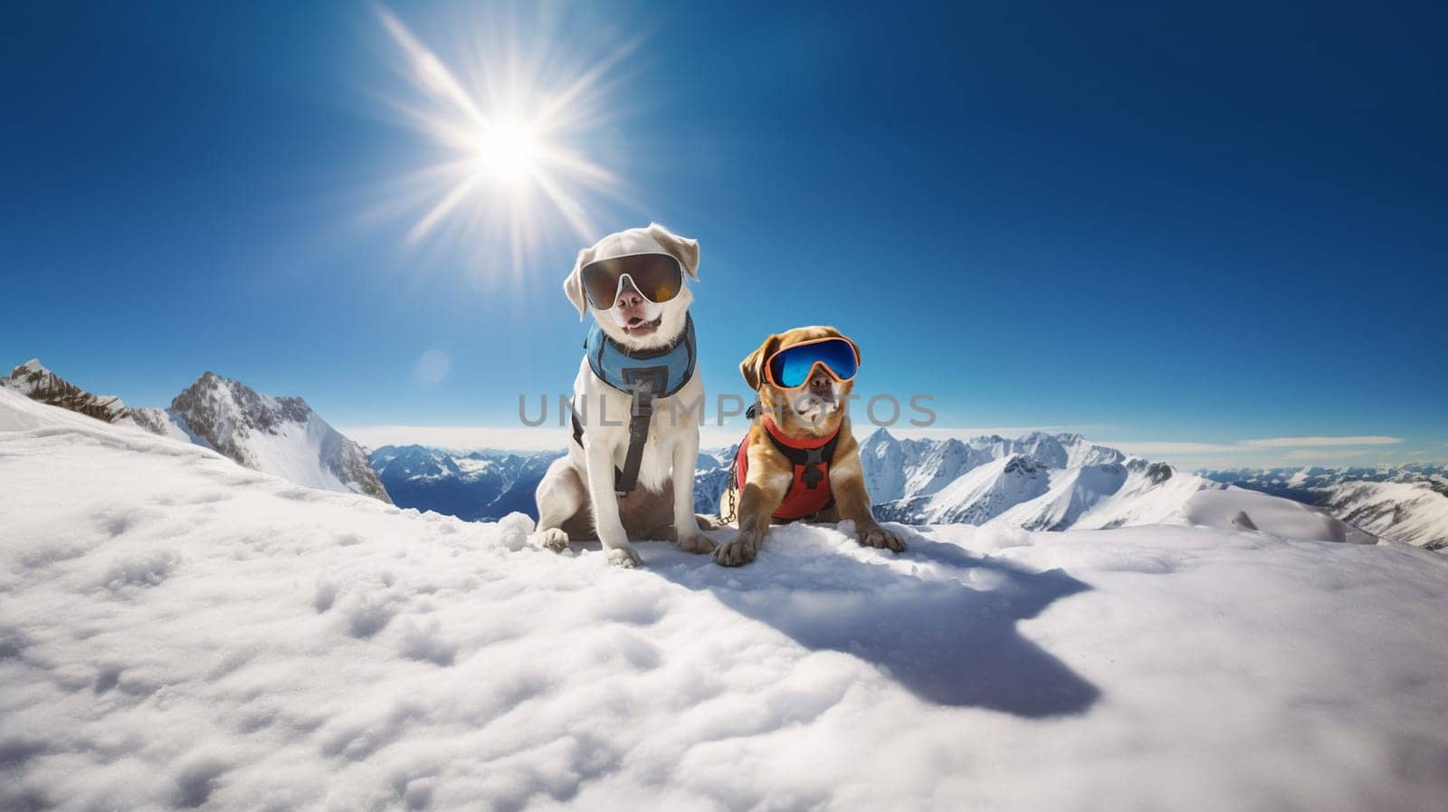 two funny dogs with sunglasses sitting on top of the mountain in the snowin the snow