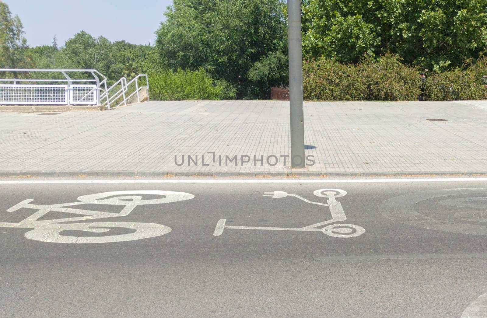 Priority lane for bikes and electric kick scooters sign. Regulation of e-scooters