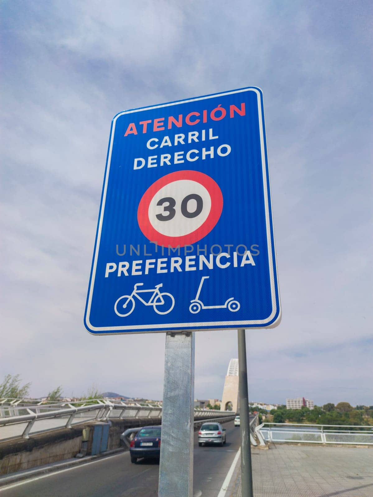Priority lane for bikes and electric kick scooters sign. Regulation of e-scooters